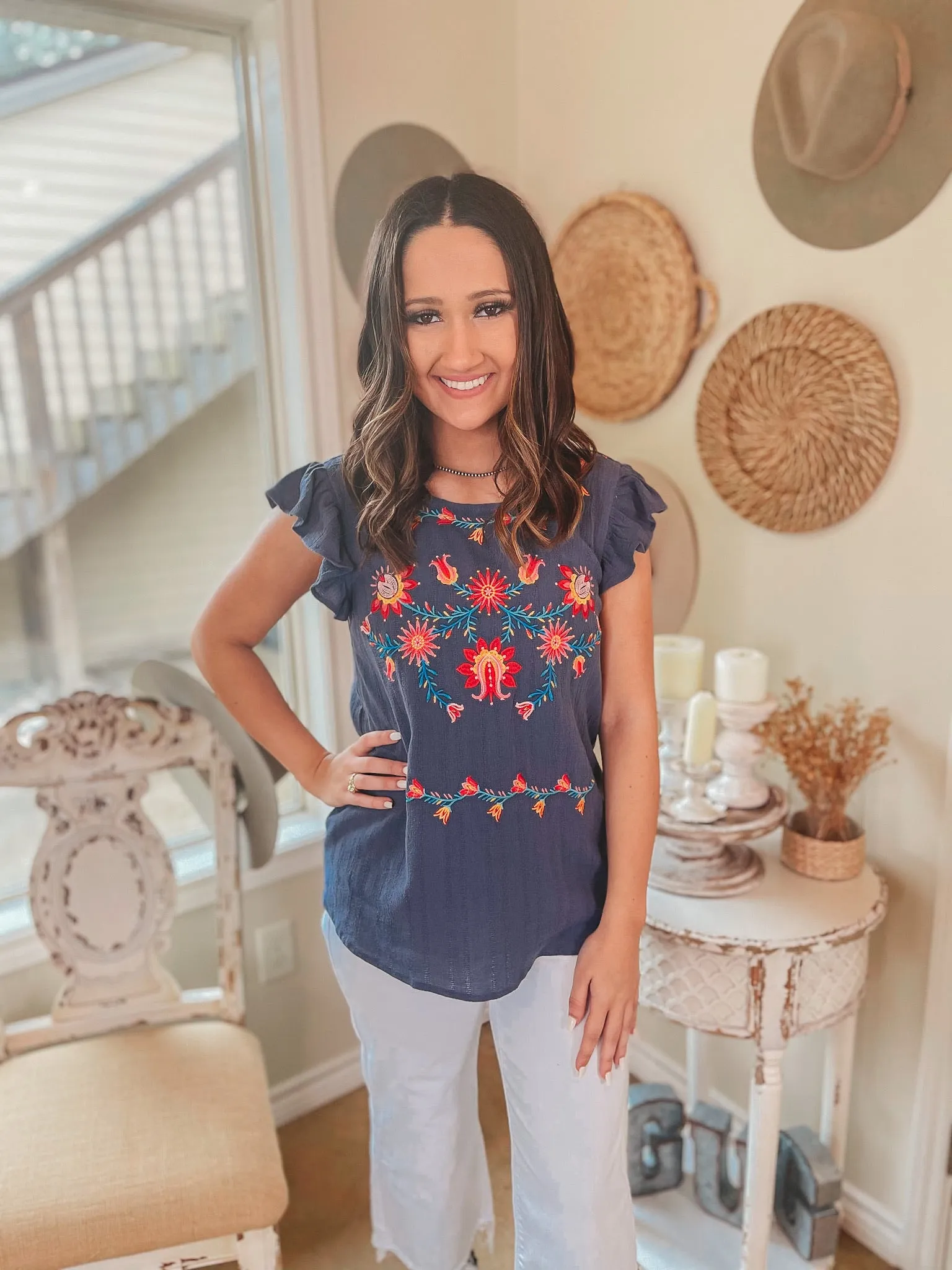 Last Chance Size 1XL | Easily Enchanted Floral Embroidered Ruffle Cap Sleeve Top in Dusty Navy