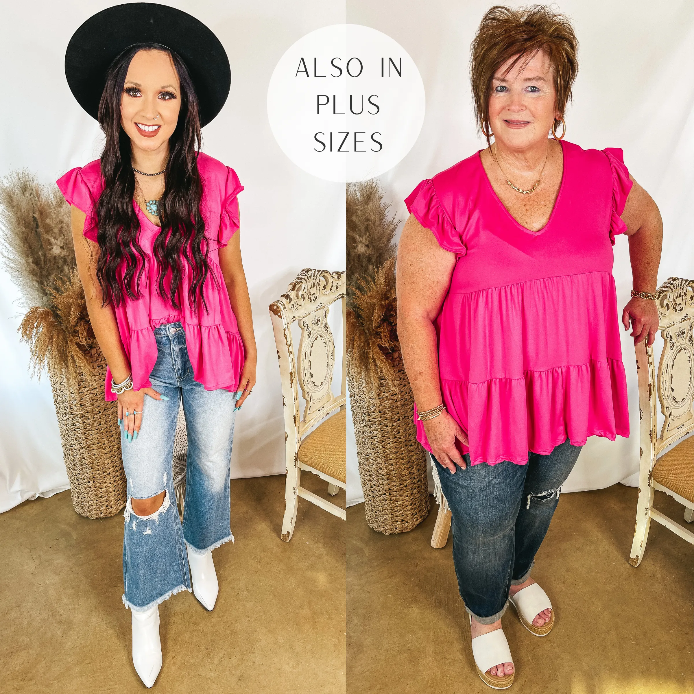 Last Chance Size Small & Large | Make Your Debut Ruffle Tiered V Neck Top in Hot Pink