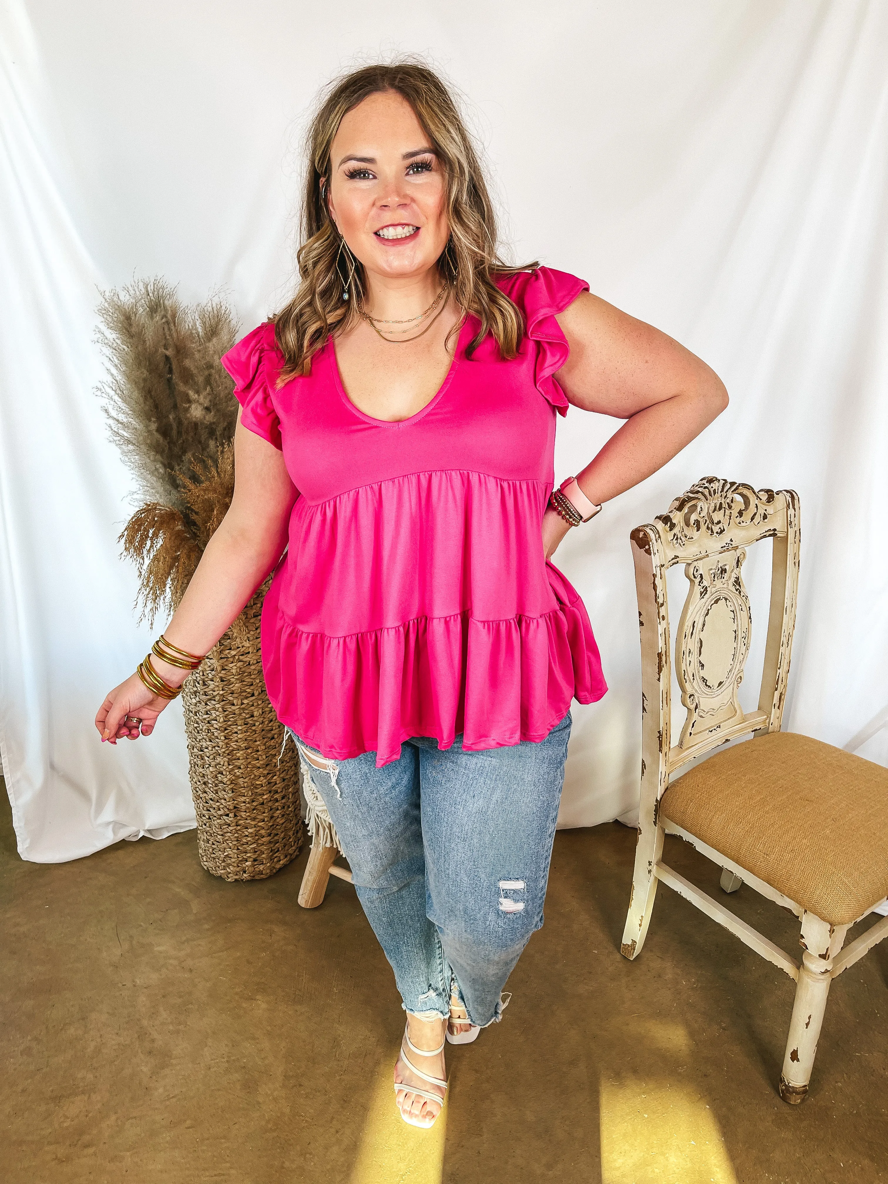 Last Chance Size Small & Large | Make Your Debut Ruffle Tiered V Neck Top in Hot Pink