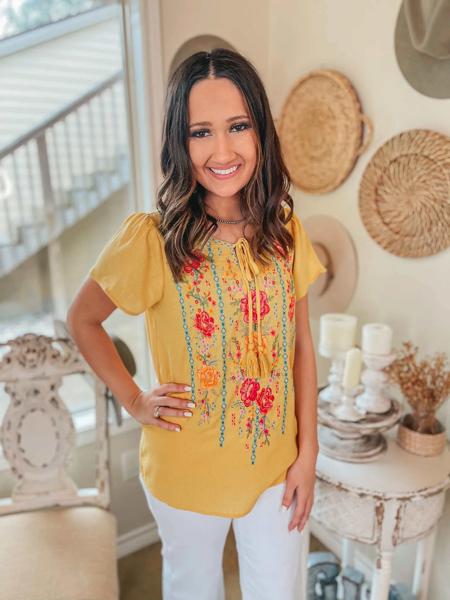 Last Chance Size Small | Classic Summer Look Floral Embroidered Front Tie Top in Mustard Yellow