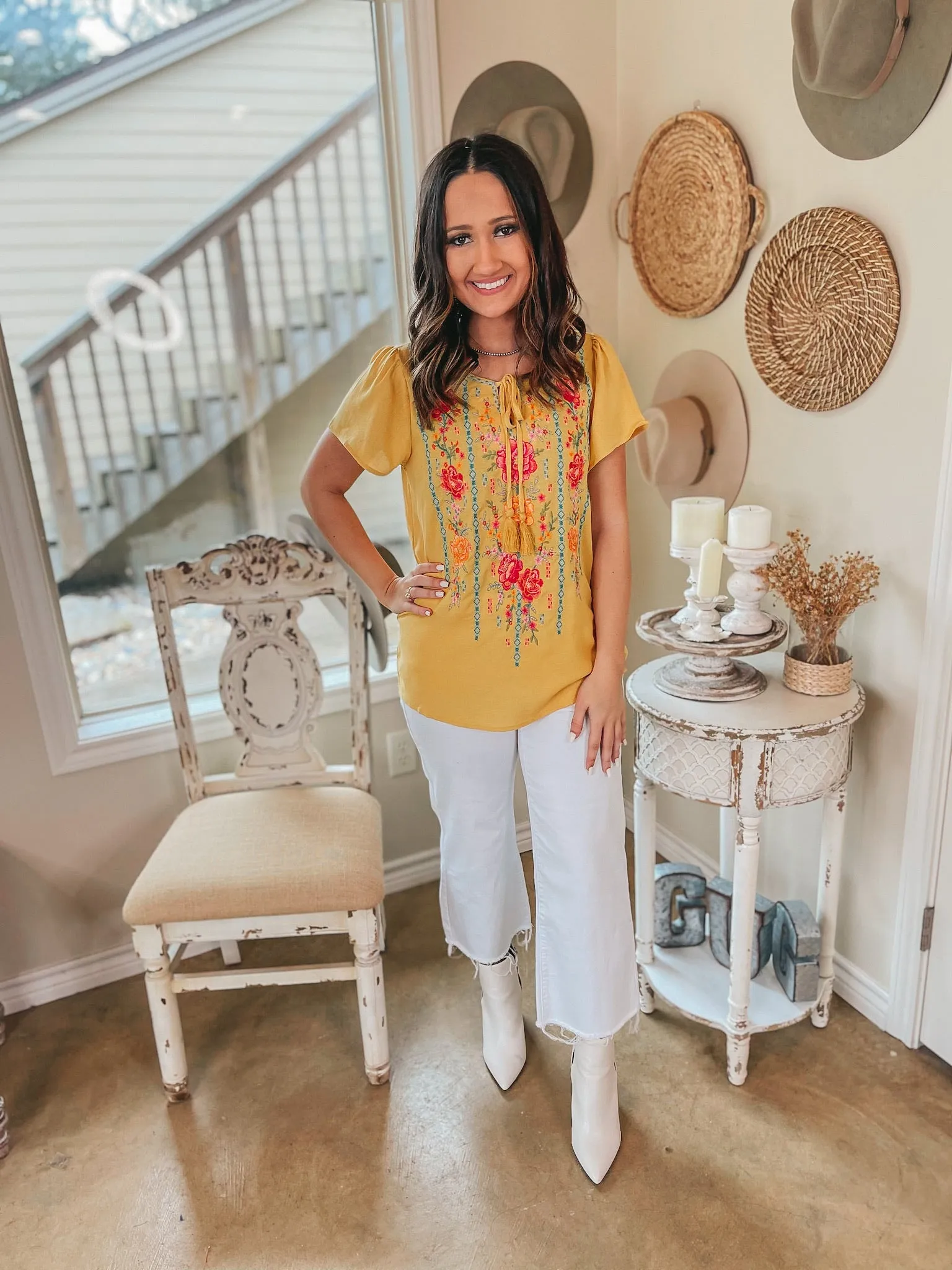 Last Chance Size Small | Classic Summer Look Floral Embroidered Front Tie Top in Mustard Yellow