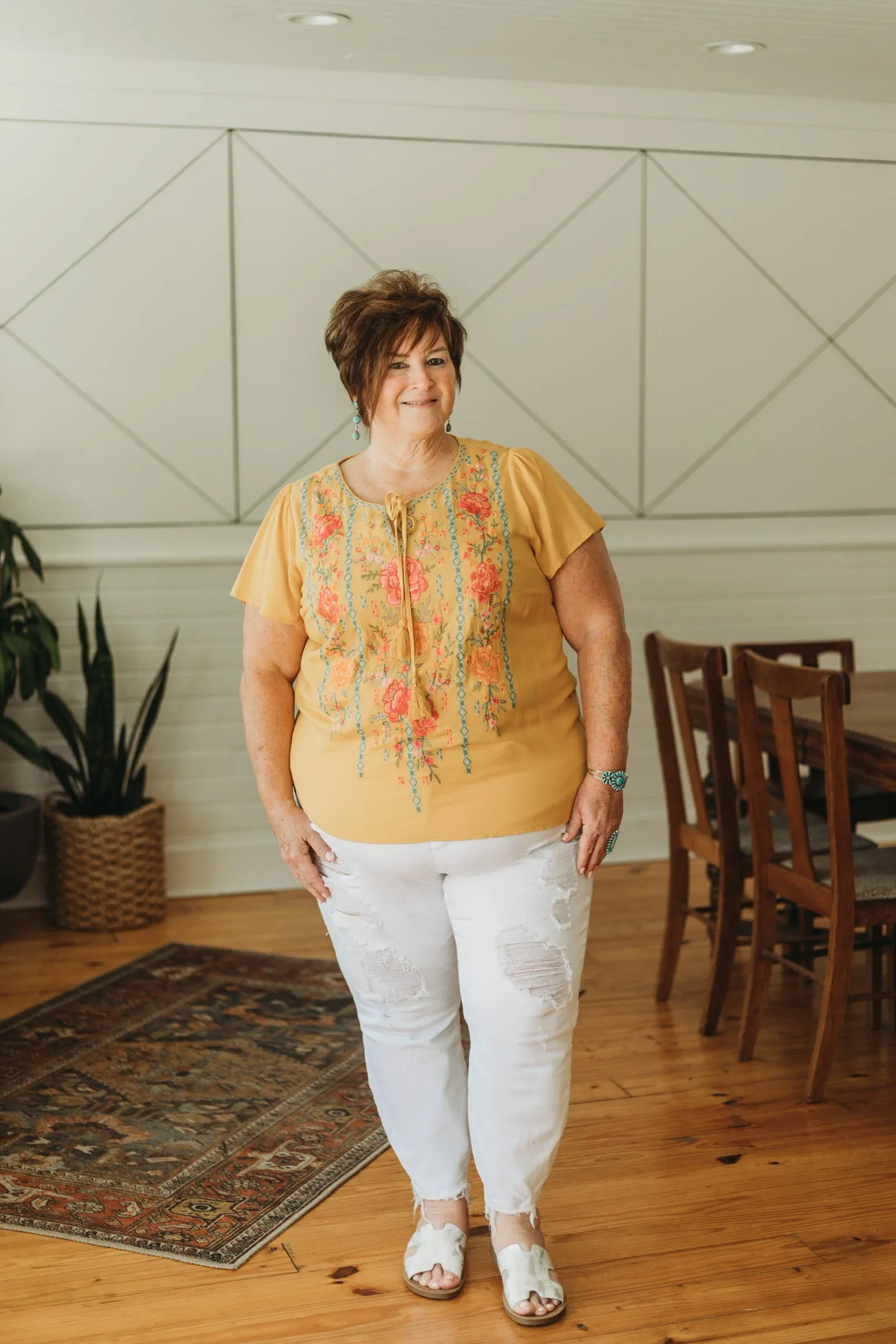 Last Chance Size Small | Classic Summer Look Floral Embroidered Front Tie Top in Mustard Yellow