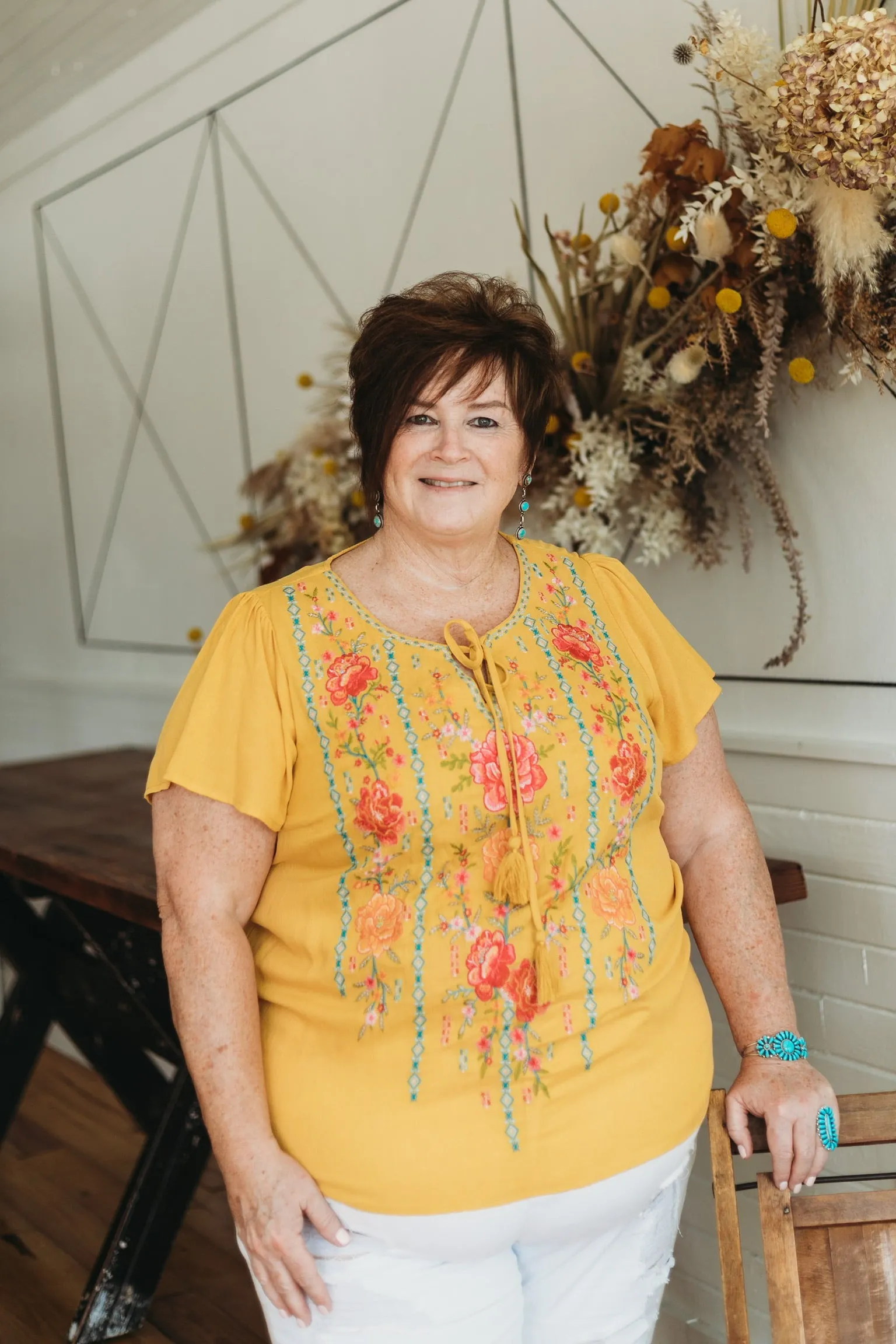 Last Chance Size Small | Classic Summer Look Floral Embroidered Front Tie Top in Mustard Yellow