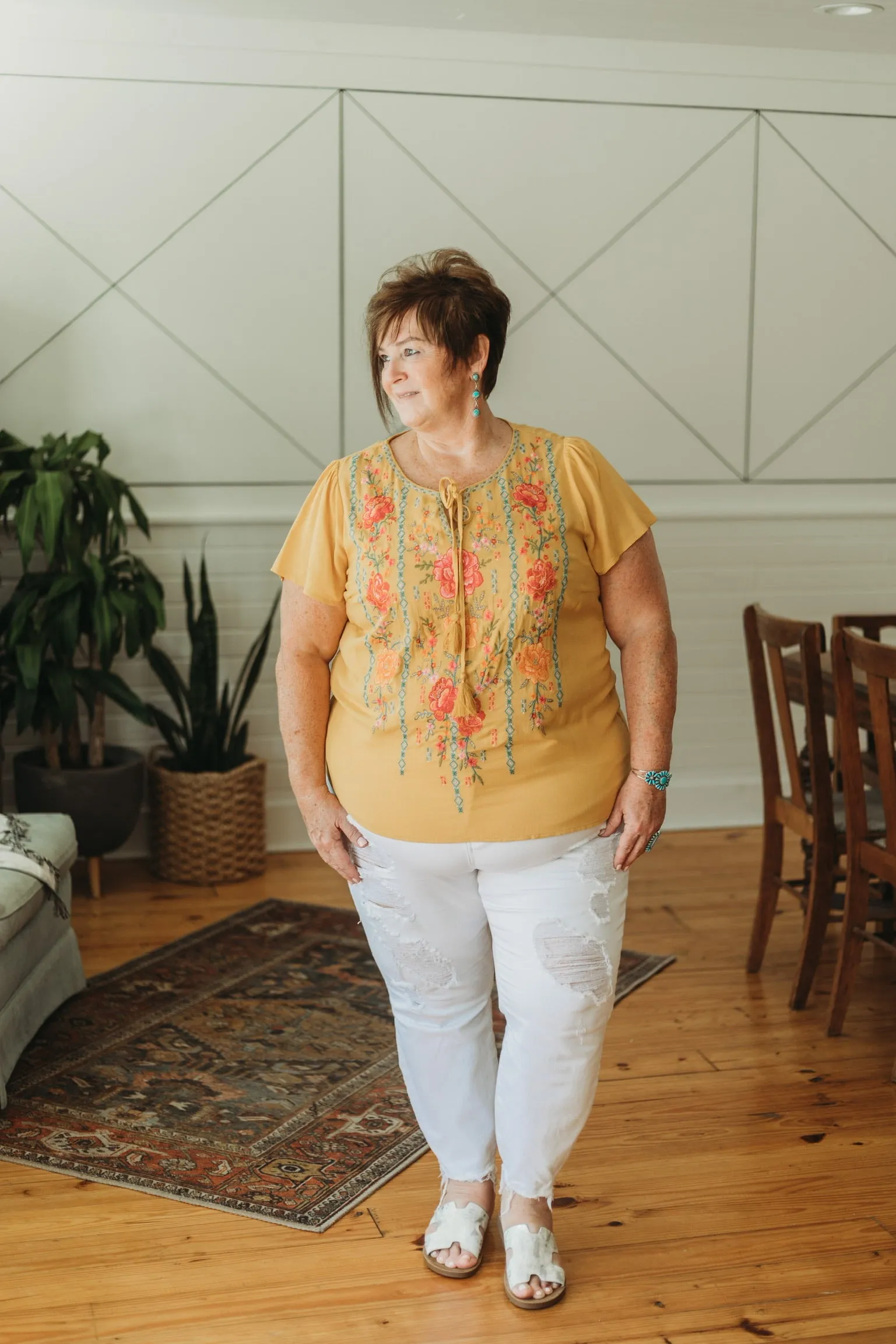 Last Chance Size Small | Classic Summer Look Floral Embroidered Front Tie Top in Mustard Yellow