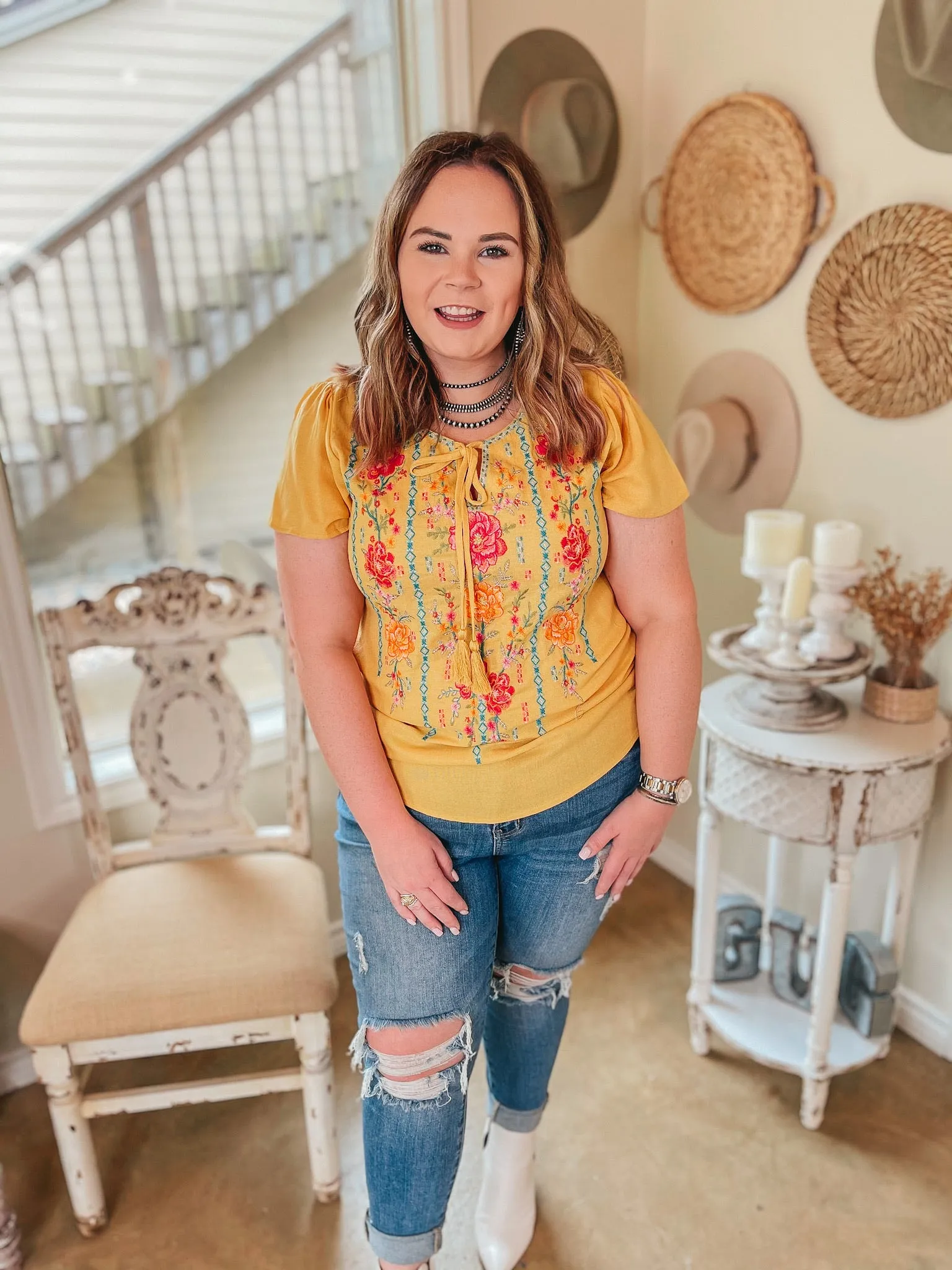 Last Chance Size Small | Classic Summer Look Floral Embroidered Front Tie Top in Mustard Yellow