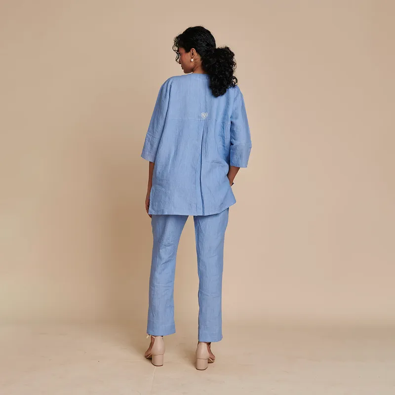 Linen Short Kurta Set for Women | Blue