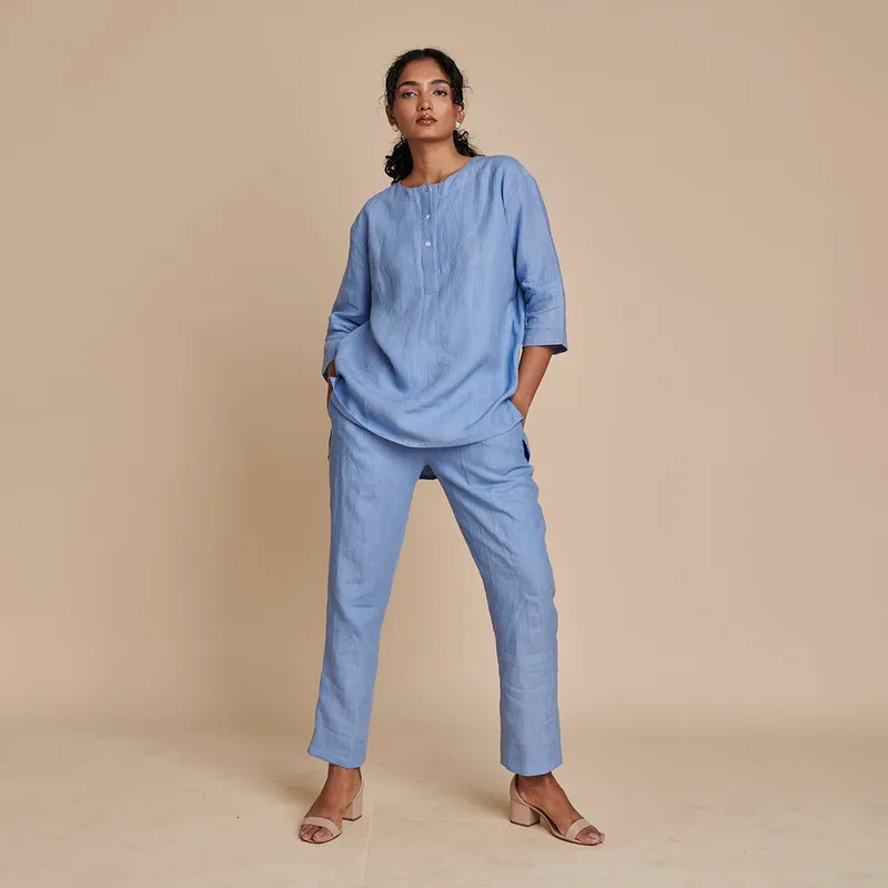 Linen Short Kurta Set for Women | Blue