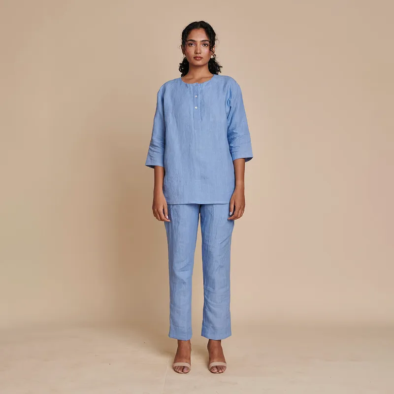 Linen Short Kurta Set for Women | Blue