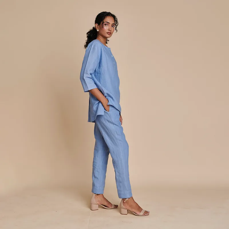 Linen Short Kurta Set for Women | Blue