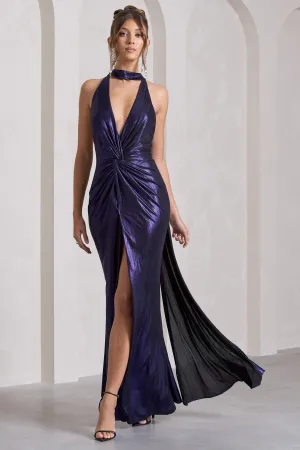 Lost | Purple Metallic Halter-Neck Cut-Out Split Maxi Dress With Drape