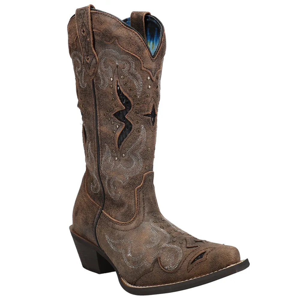 Lucretia Tooled-Inlay Embroidery Studded Snip Toe Cowboy Boots