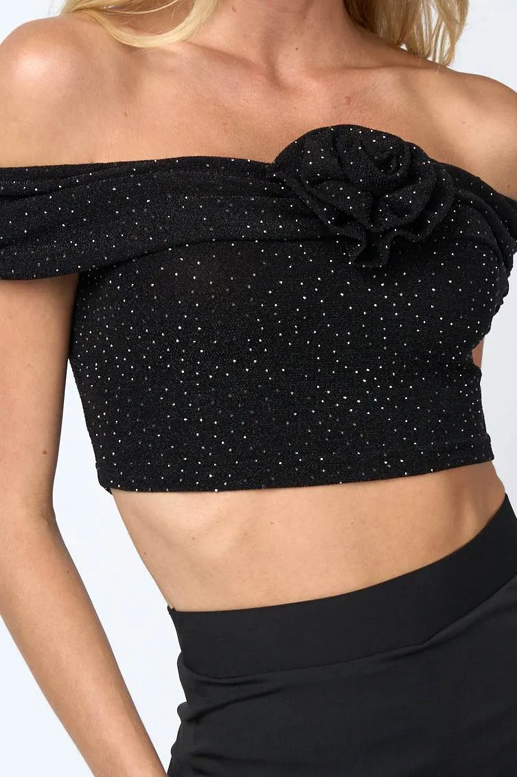 LUREX SLINKY GLITTER STUD ROSETTE OFF SHOULDER TOP