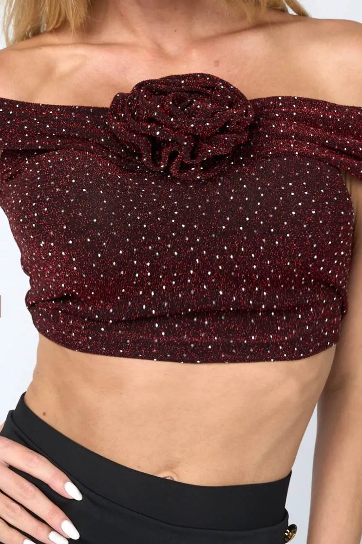 LUREX SLINKY GLITTER STUD ROSETTE OFF SHOULDER TOP