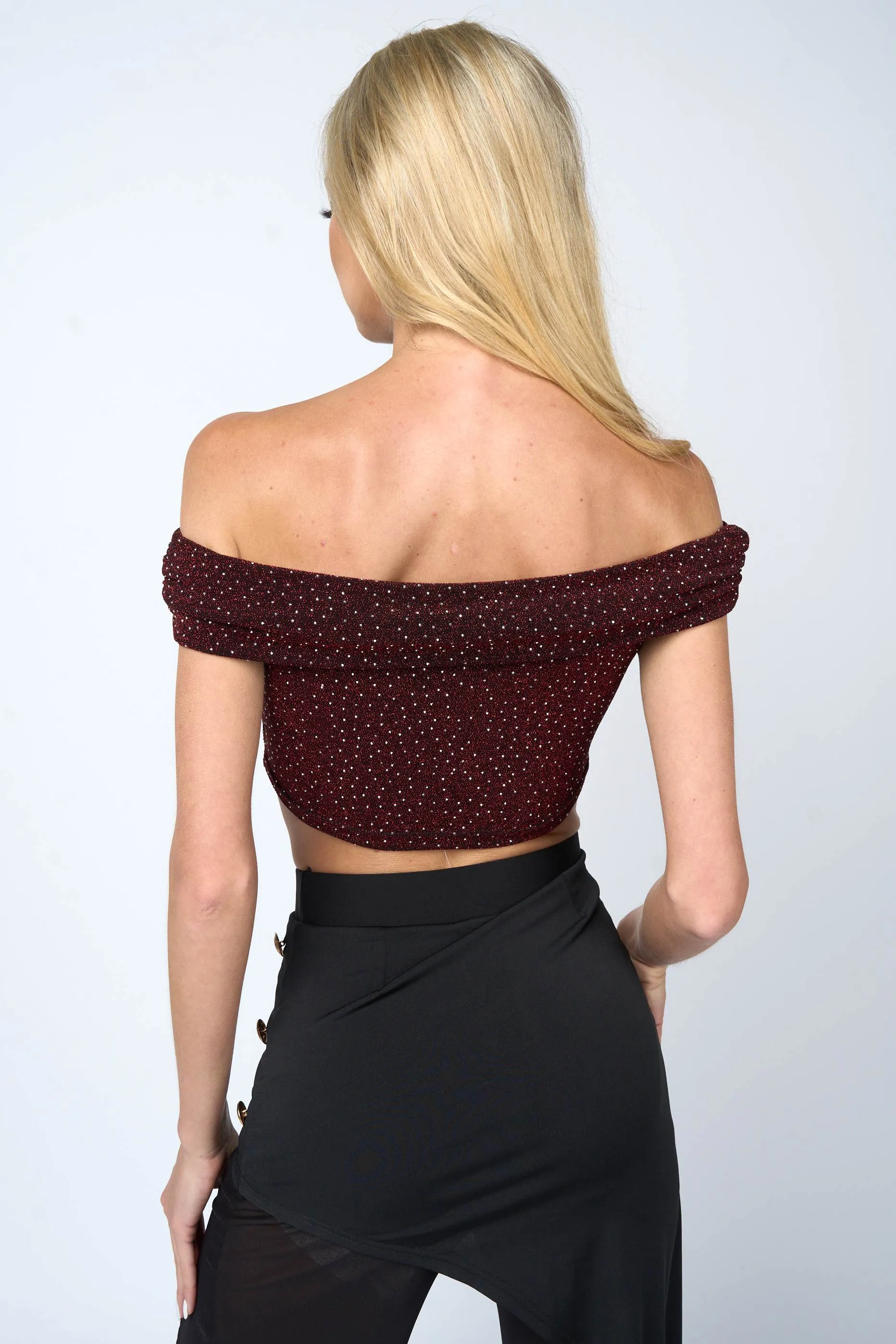 LUREX SLINKY GLITTER STUD ROSETTE OFF SHOULDER TOP