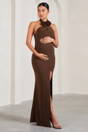 Marissa | Chocolate Brown Halter-Neck Split Maternity Maxi Dress With Flowers