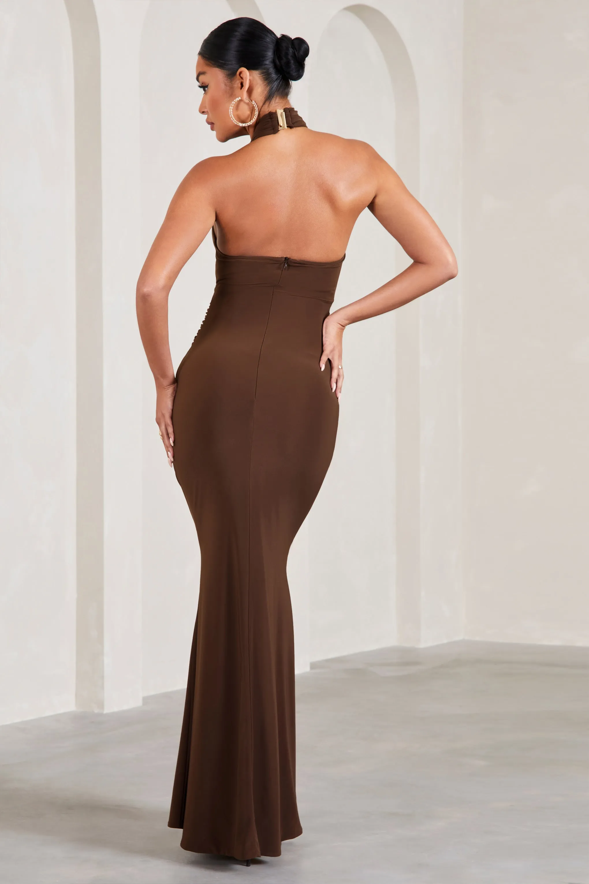 Marissa | Chocolate Brown Halter-Neck Split Maternity Maxi Dress With Flowers