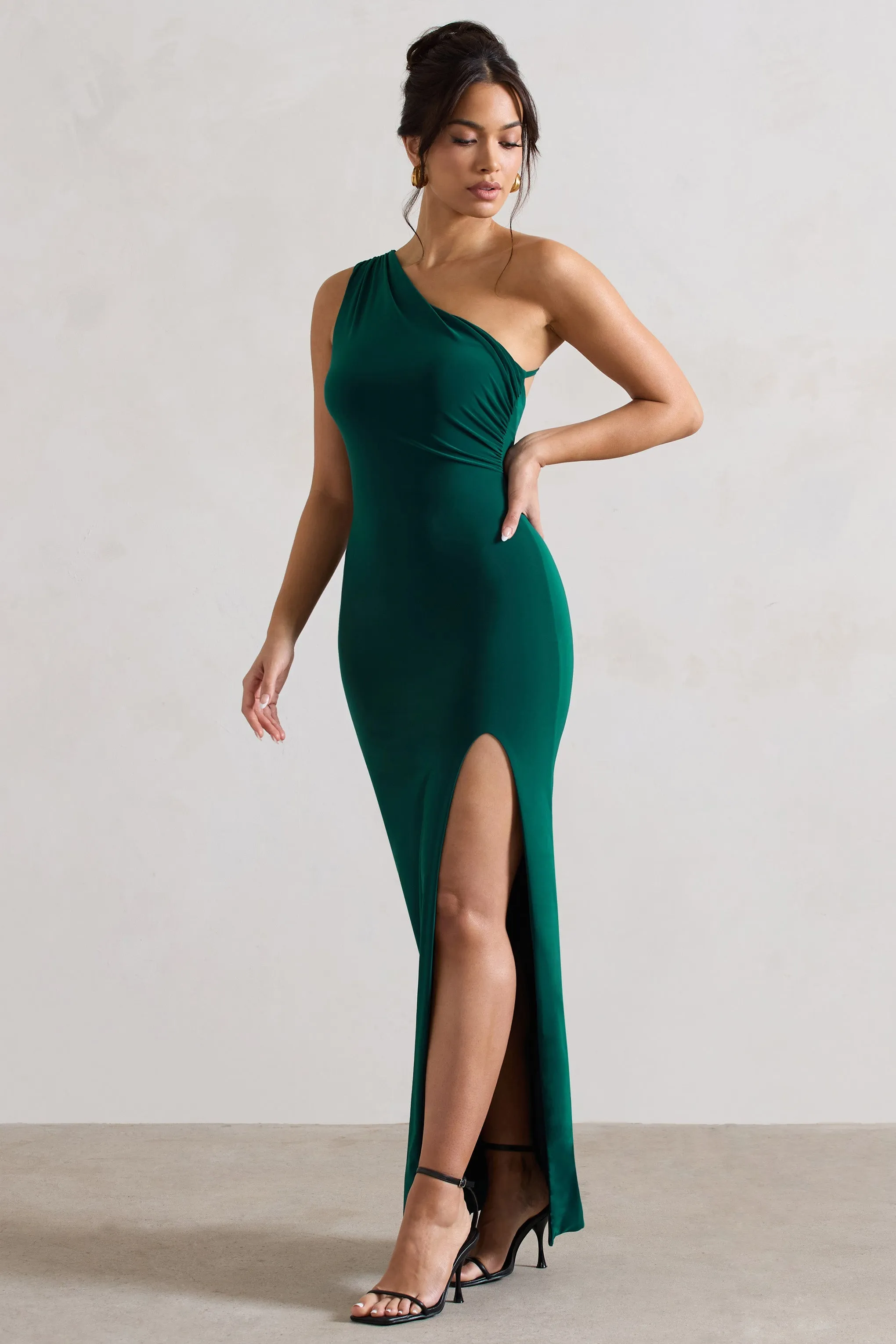 Melody | Bottle Green One Shoulder Cowl-Back Split Maxi Dress