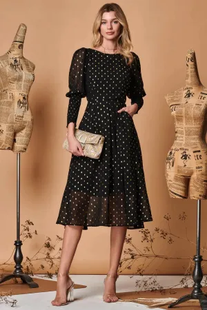 METALLIC CHIFFON PUFF SLEEVE MIDI DRESS (BLACK) CURVE