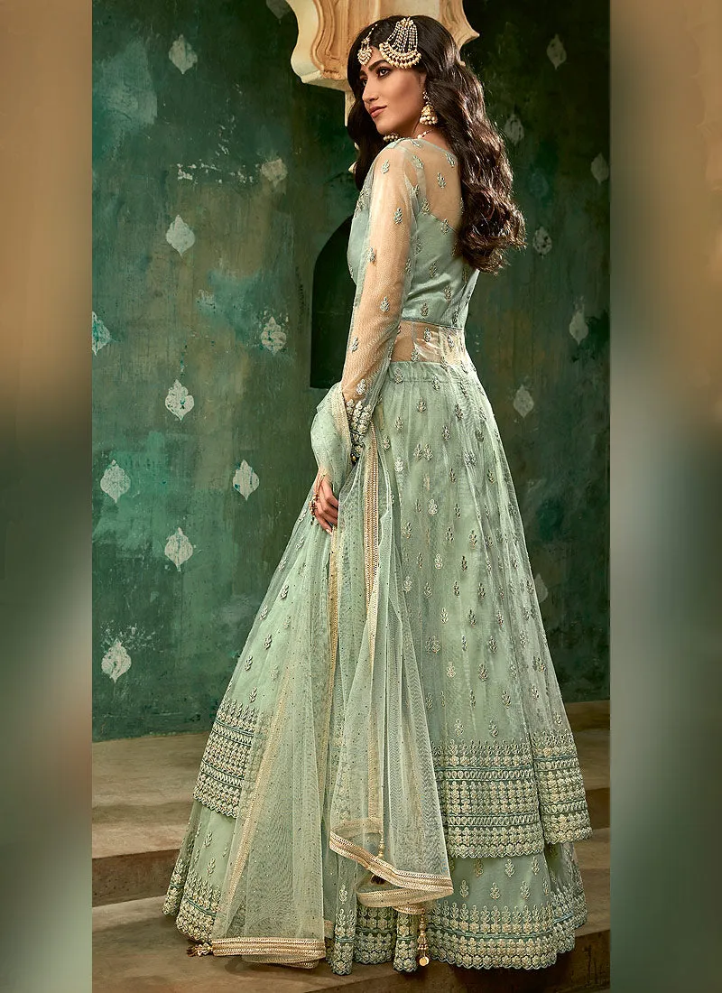 Mint Green Designer Wedding Lehenga Style Anarkali Suit