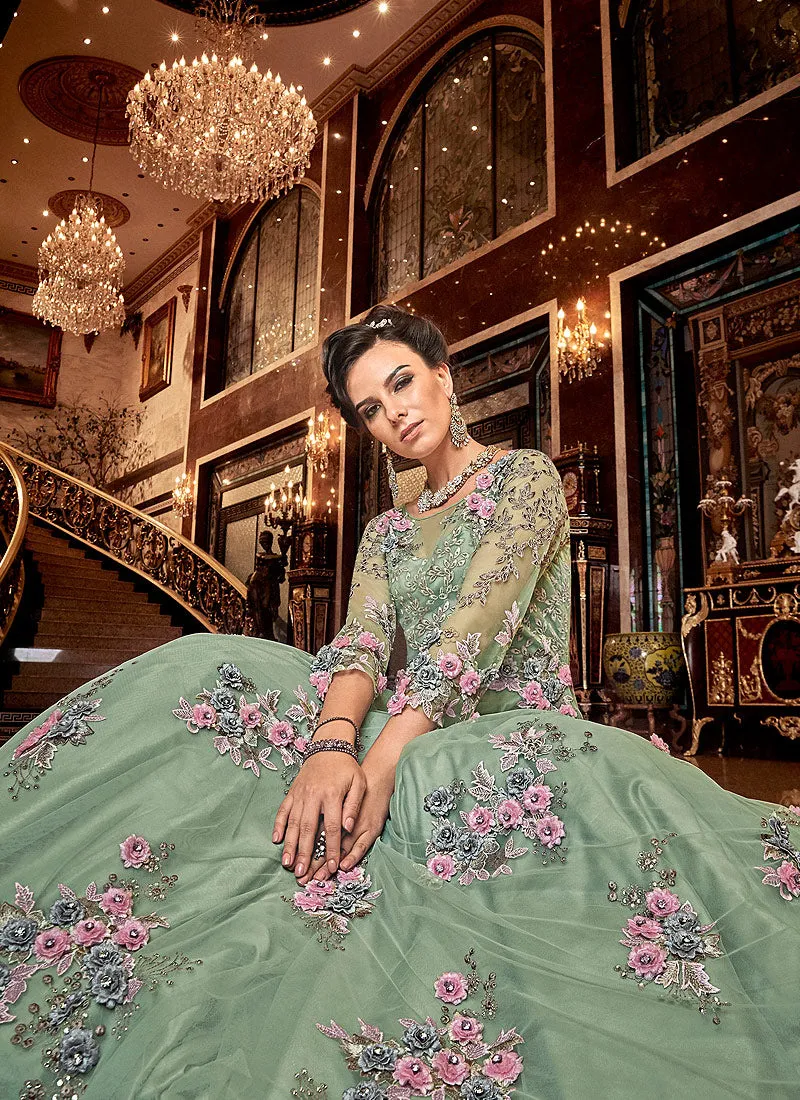 Mint Green Floral Embroidered Wedding Anarkali Suit