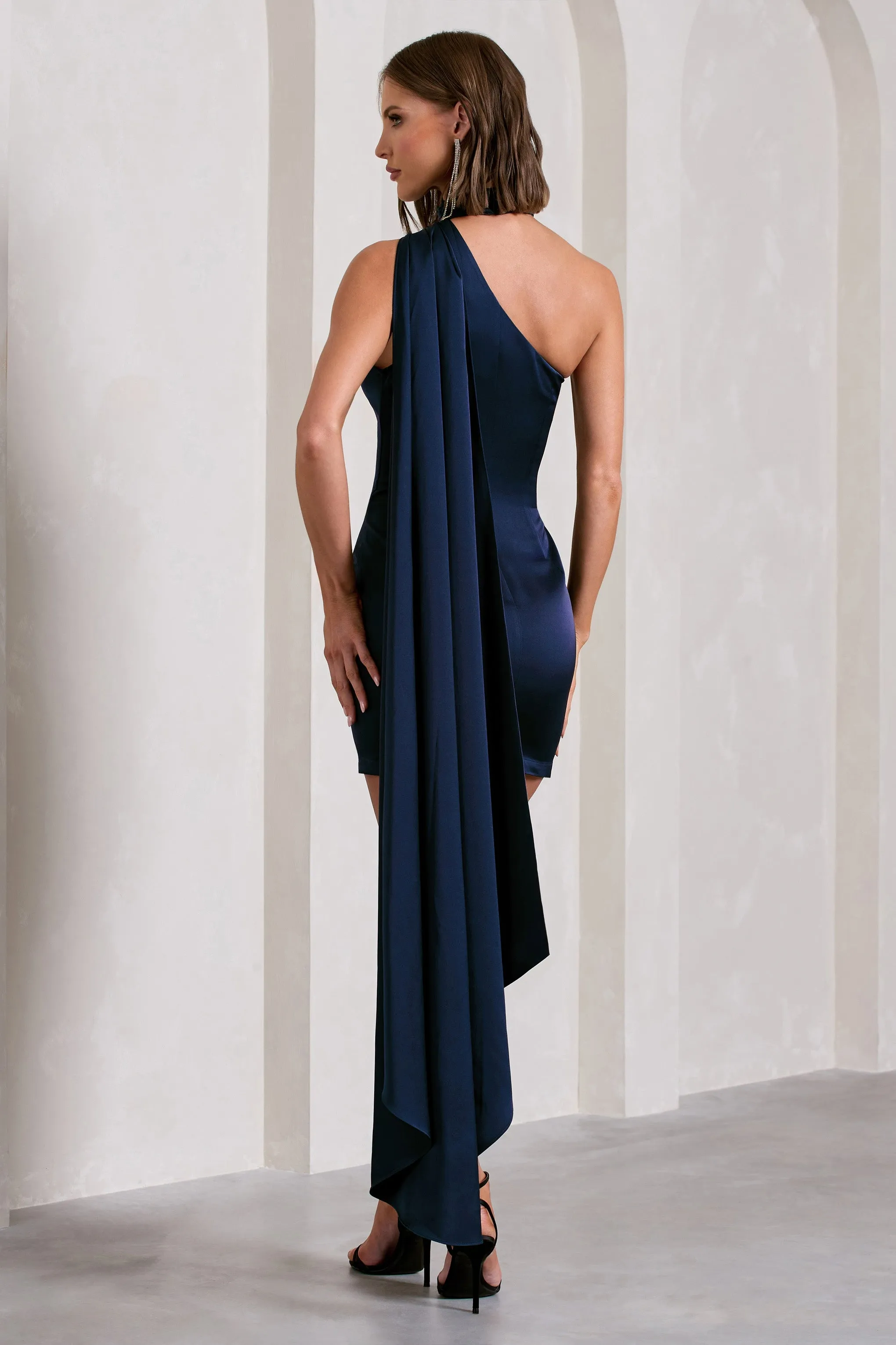 Natalie | Navy Satin One Shoulder Mini Dress With Scarf Detail