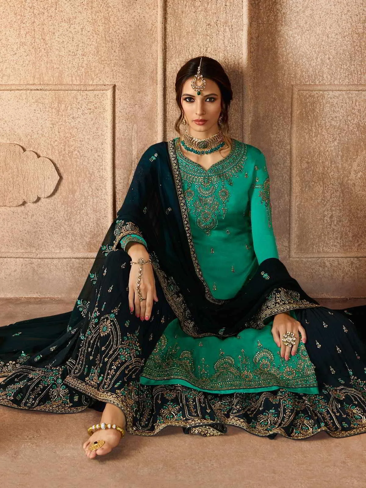 Navy Blue And Turquoise Embroidered Pakistani Gharara Suit