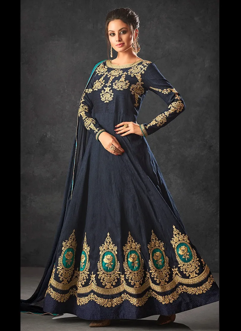 Navy Blue With Minimalist Embroidered Flared Anarkali Suit