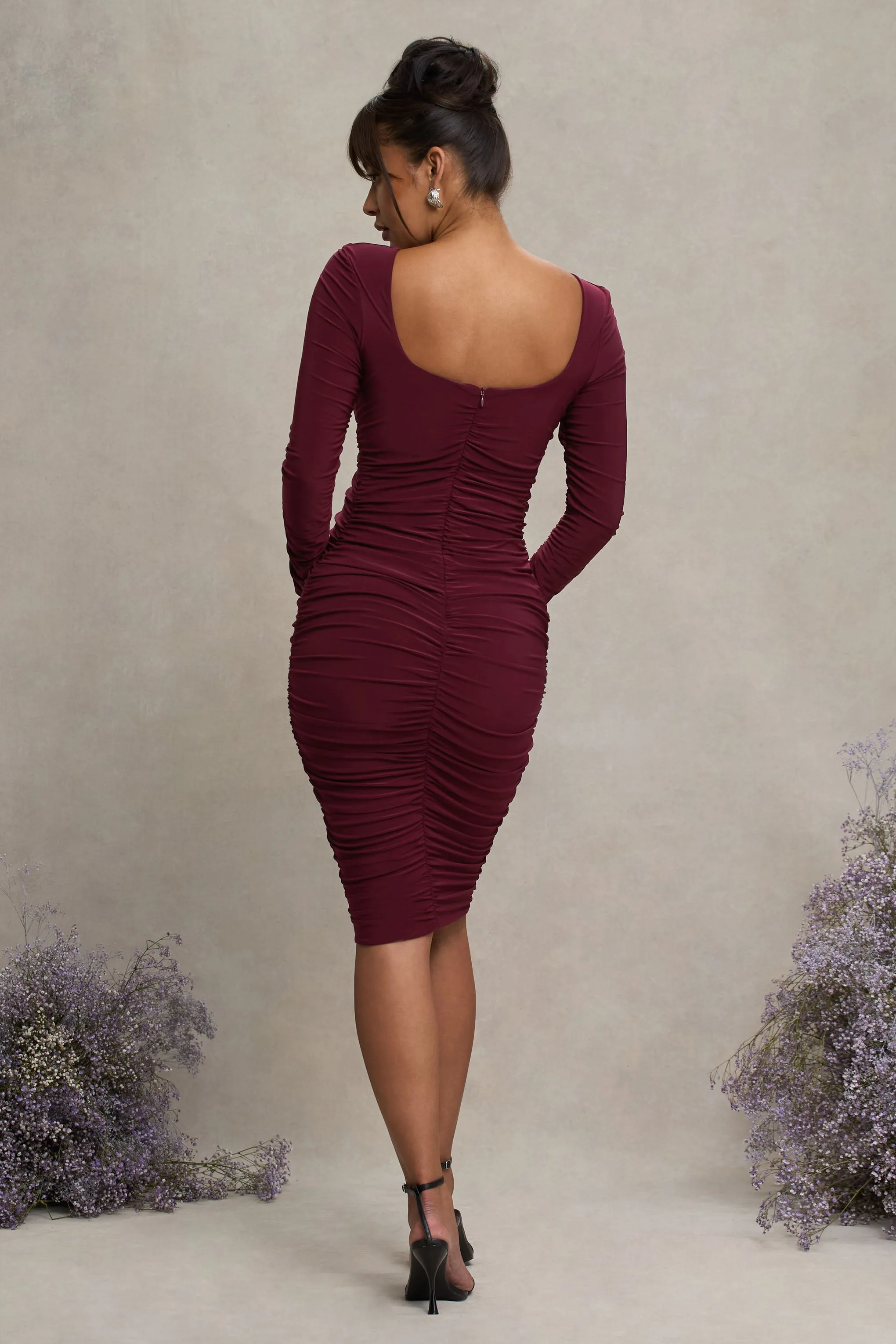 New Life | Burgundy Maternity Square Neck Ruched Midi Dress