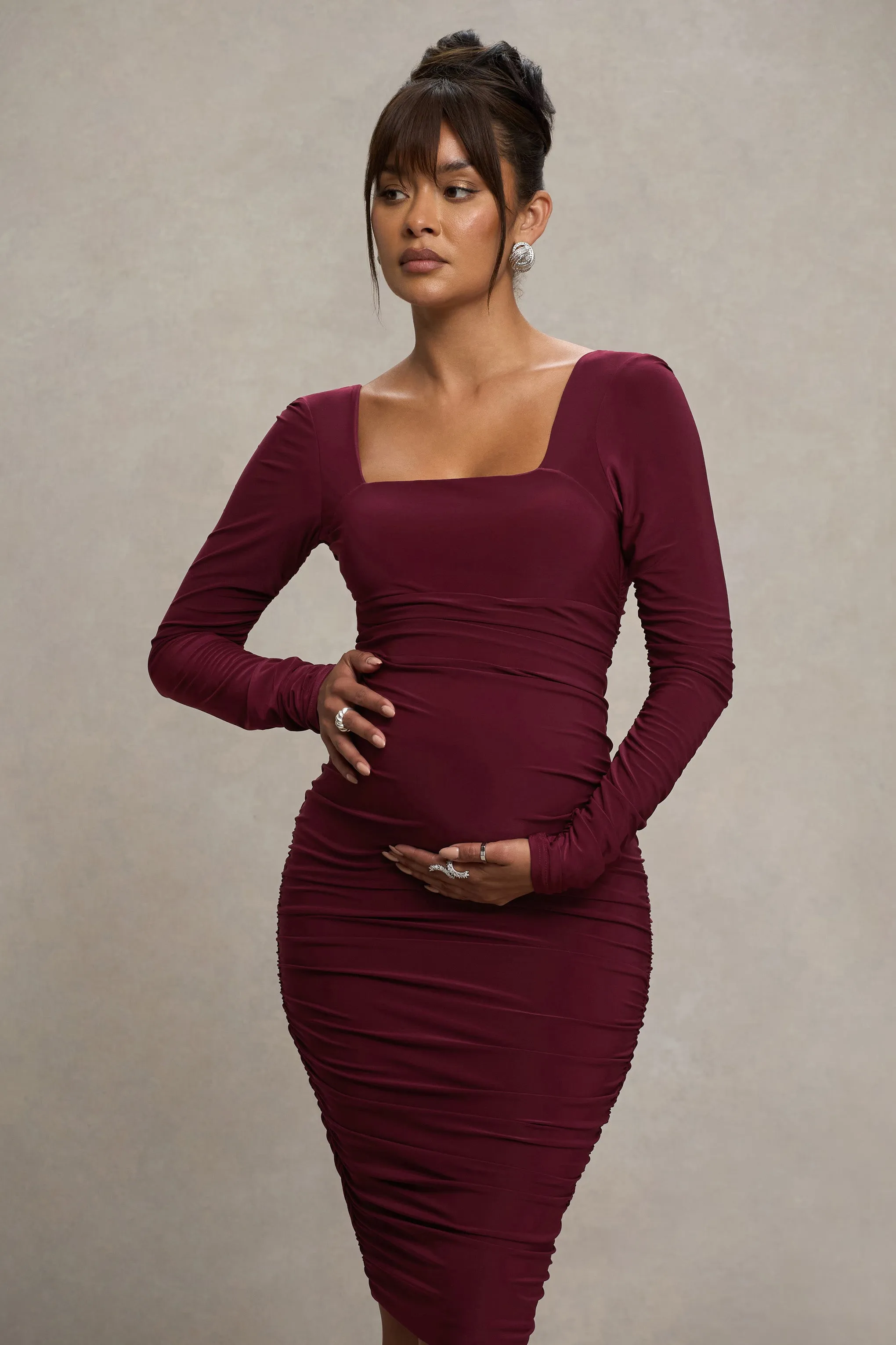 New Life | Burgundy Maternity Square Neck Ruched Midi Dress