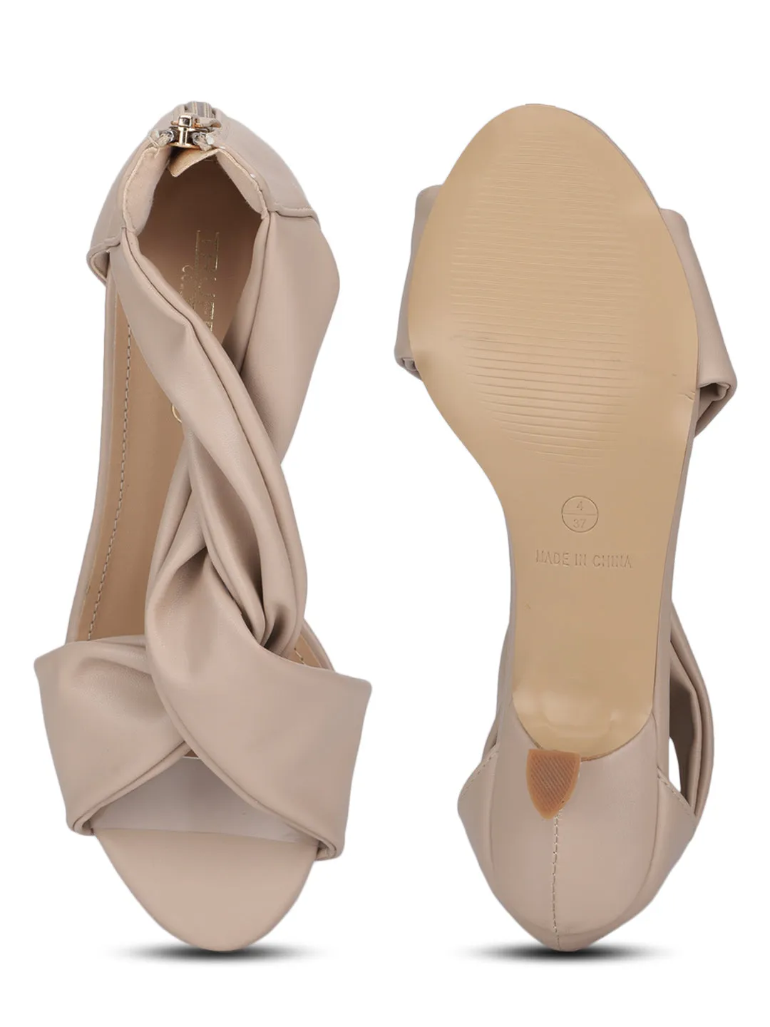 Nude PU Twisted Strap Low Heel Stilettos