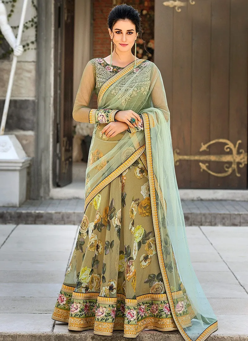 Olive Green Floral Embroidered Lehenga Choli Suit