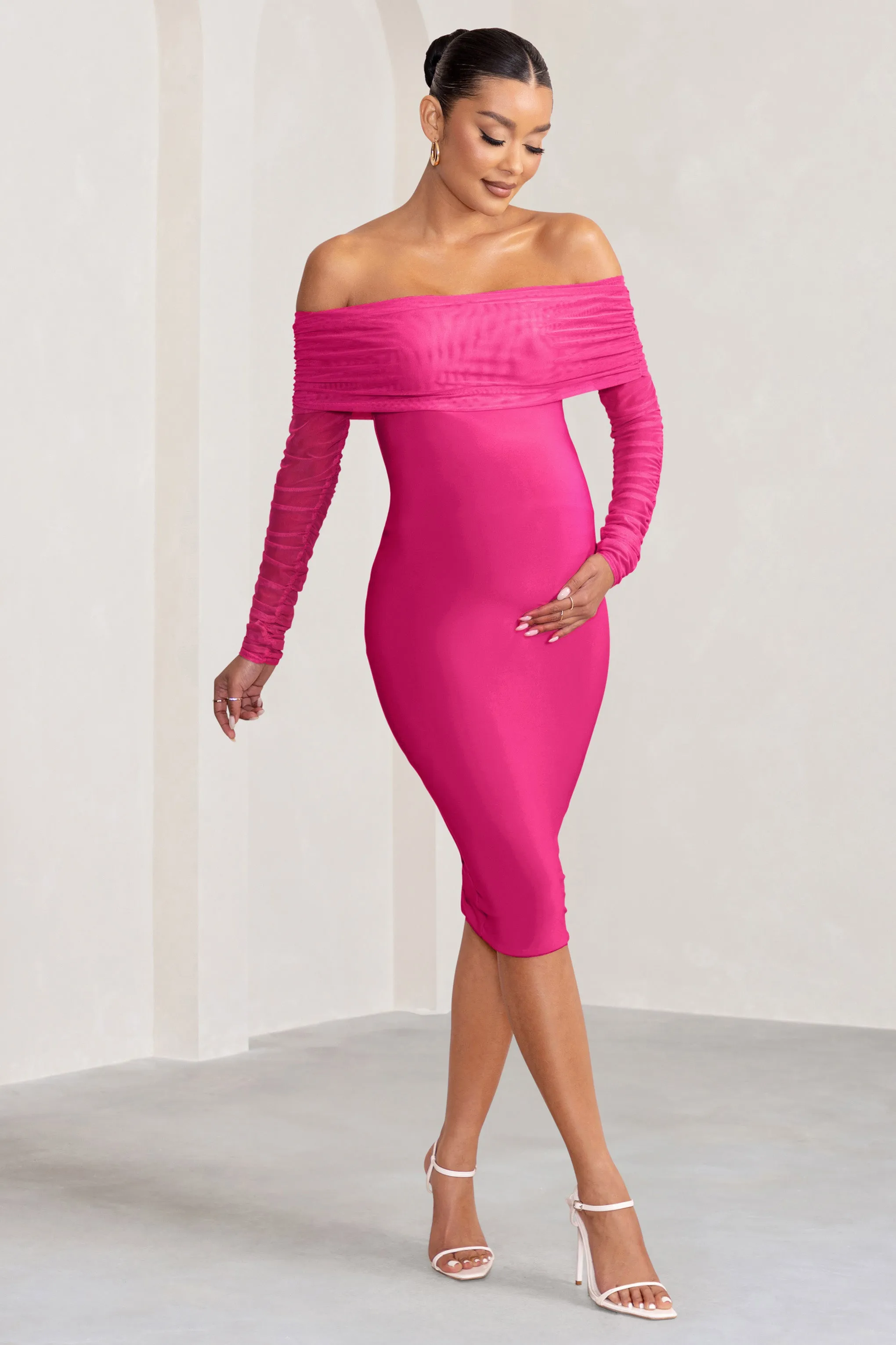 Patiently Waiting | Hot Pink Maternity Ruched Mesh Bardot Midi Dress