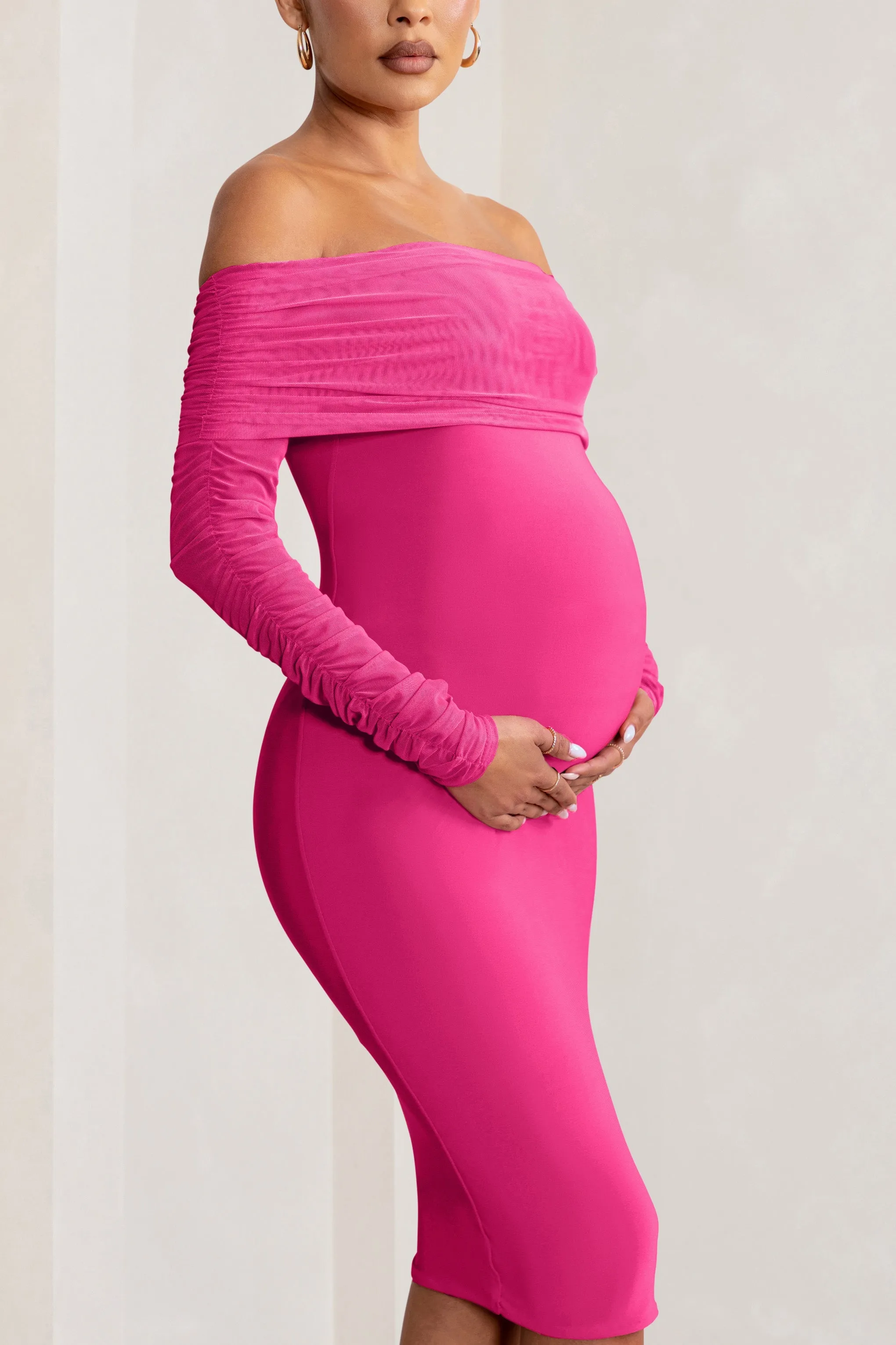 Patiently Waiting | Hot Pink Maternity Ruched Mesh Bardot Midi Dress