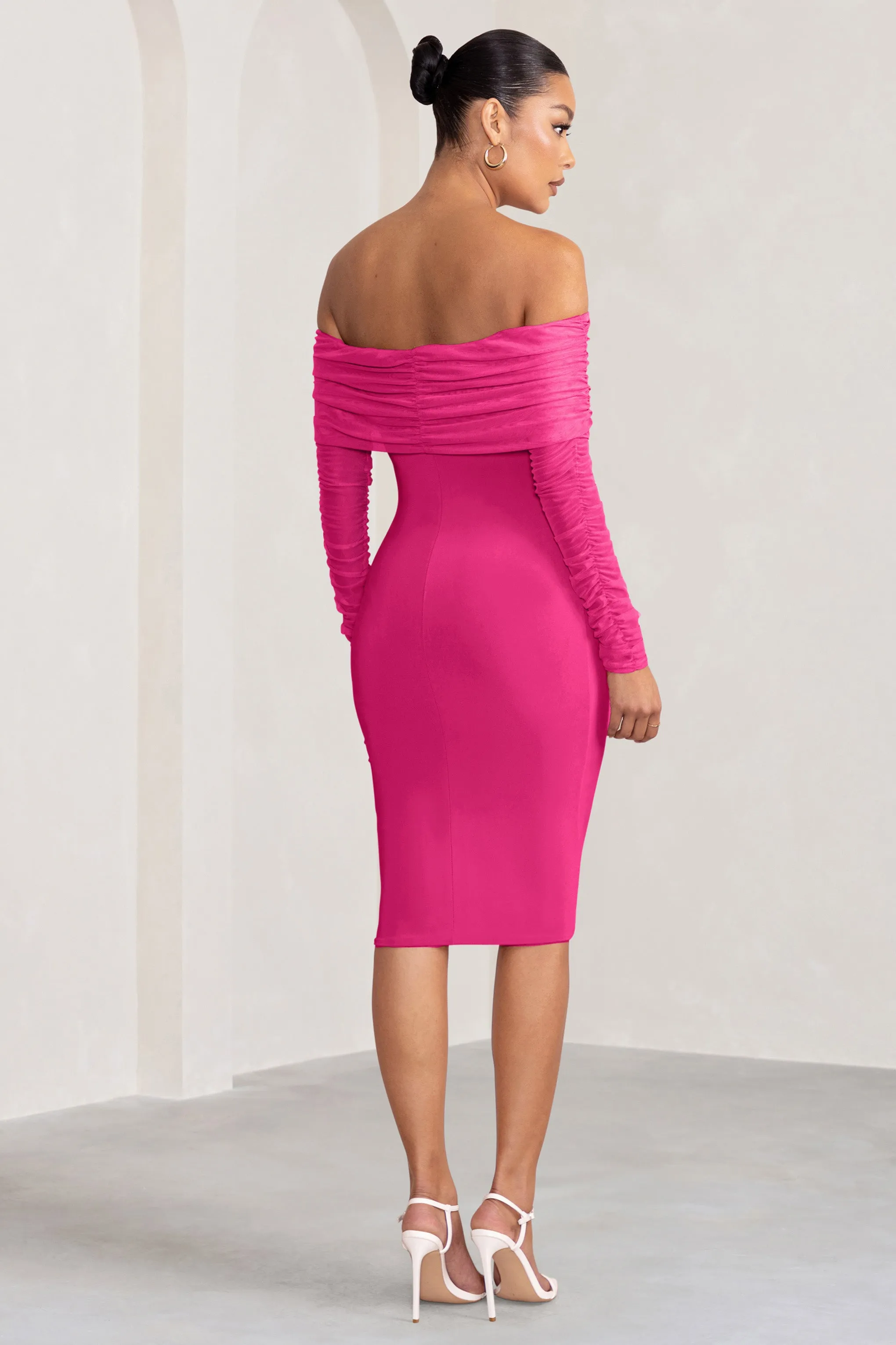 Patiently Waiting | Hot Pink Maternity Ruched Mesh Bardot Midi Dress