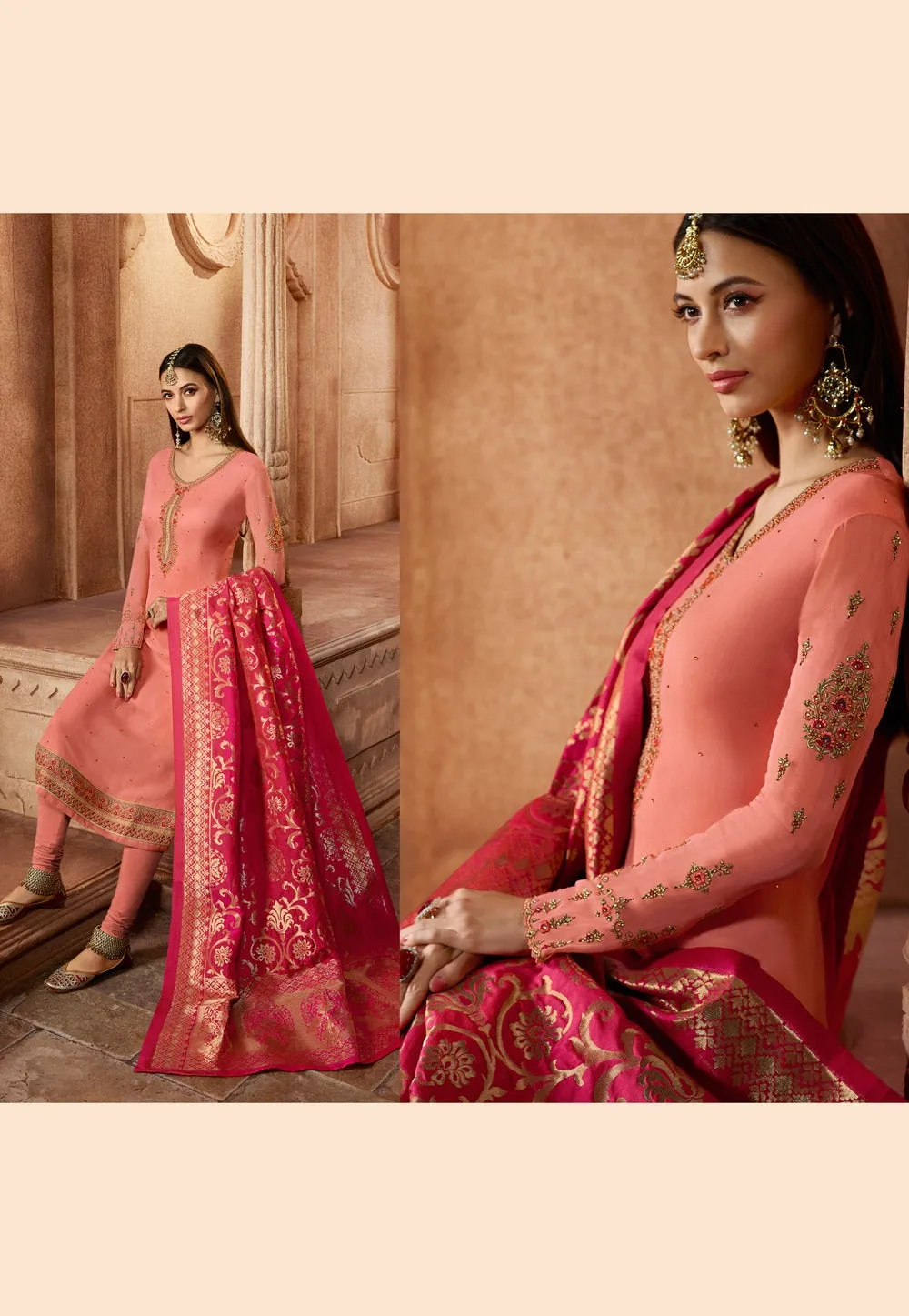 Peach And Pink Embroidered Satin Churidar Suit