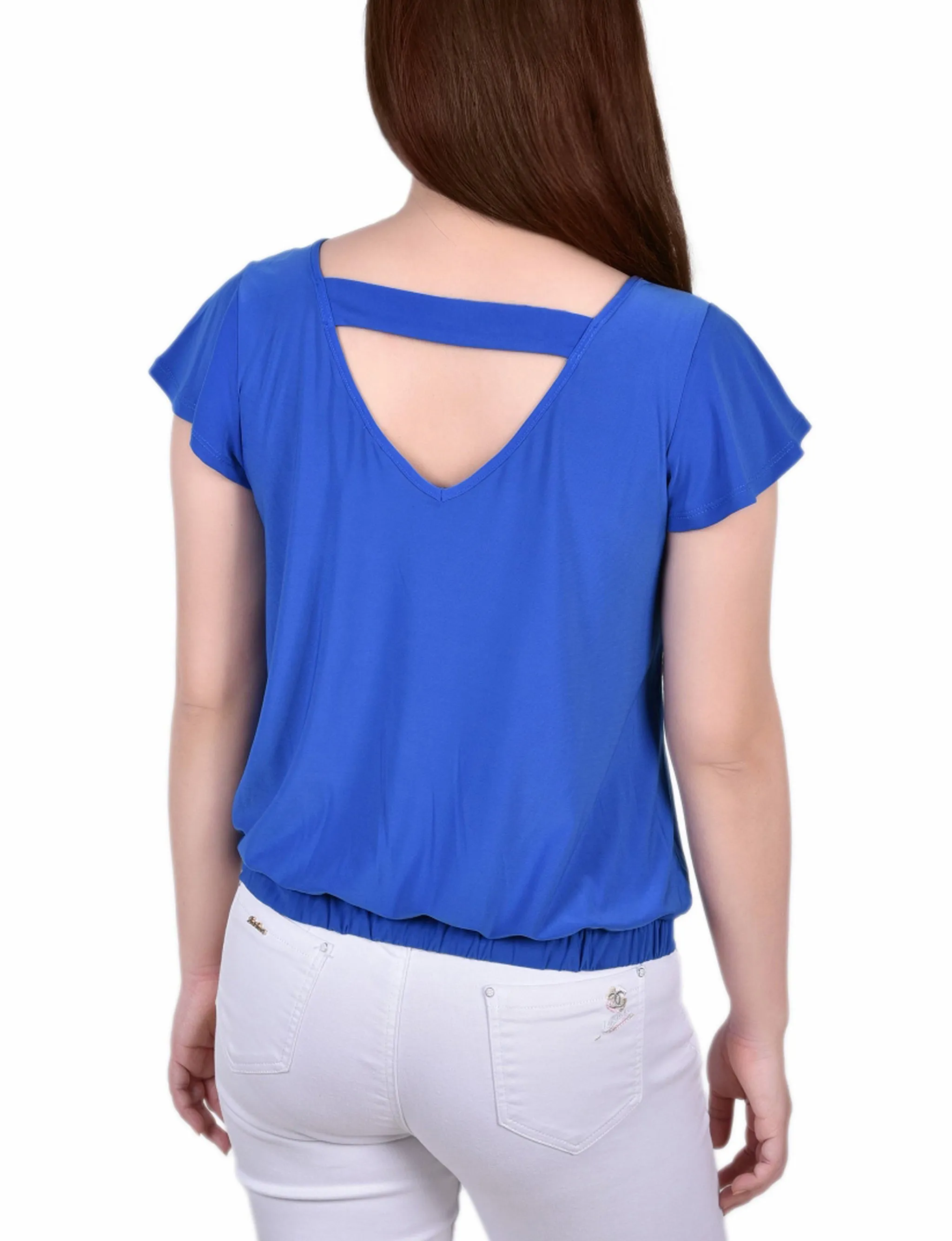 Petite Short Flutter Sleeve Top With Studded Neckline