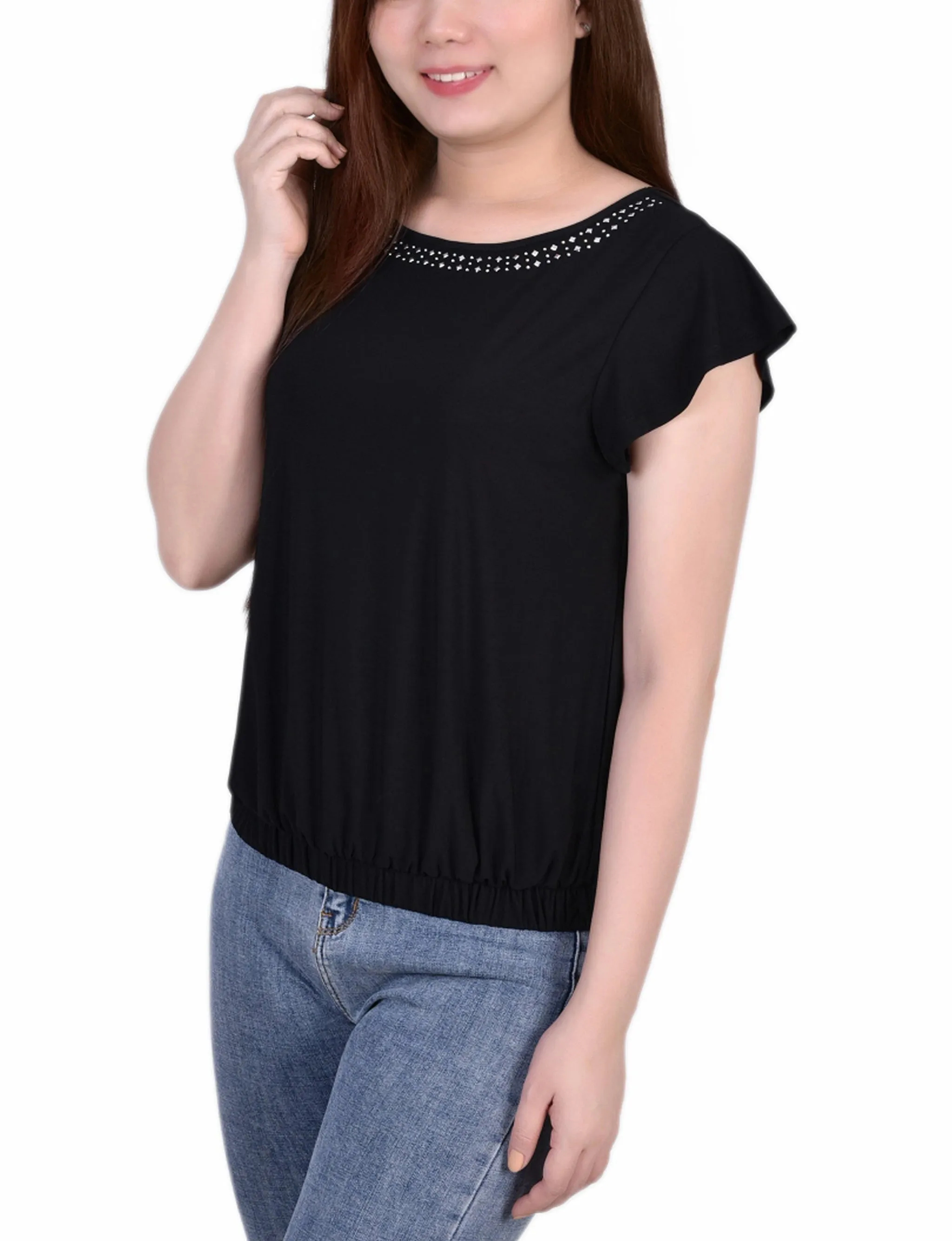 Petite Short Flutter Sleeve Top With Studded Neckline