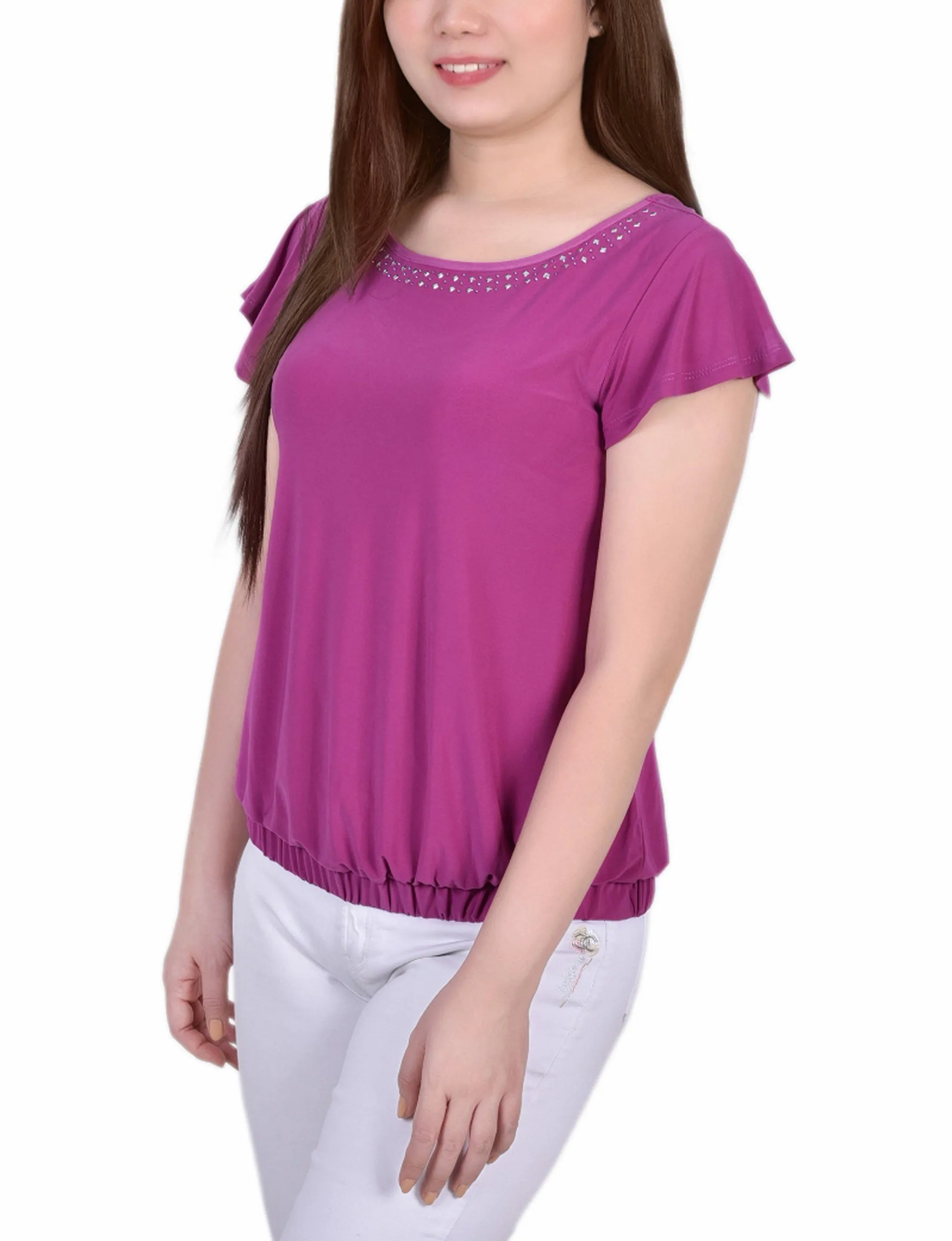 Petite Short Flutter Sleeve Top With Studded Neckline