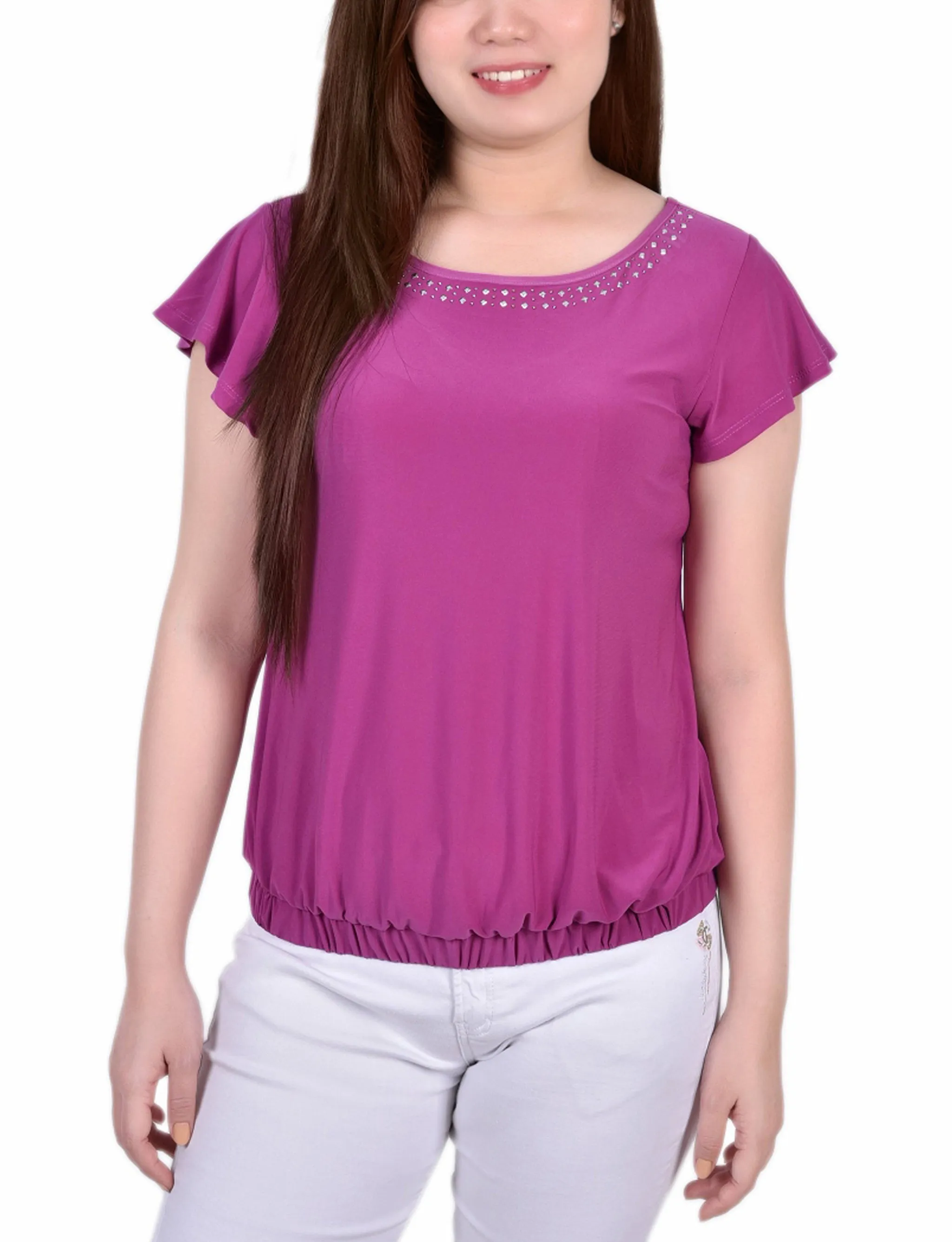 Petite Short Flutter Sleeve Top With Studded Neckline