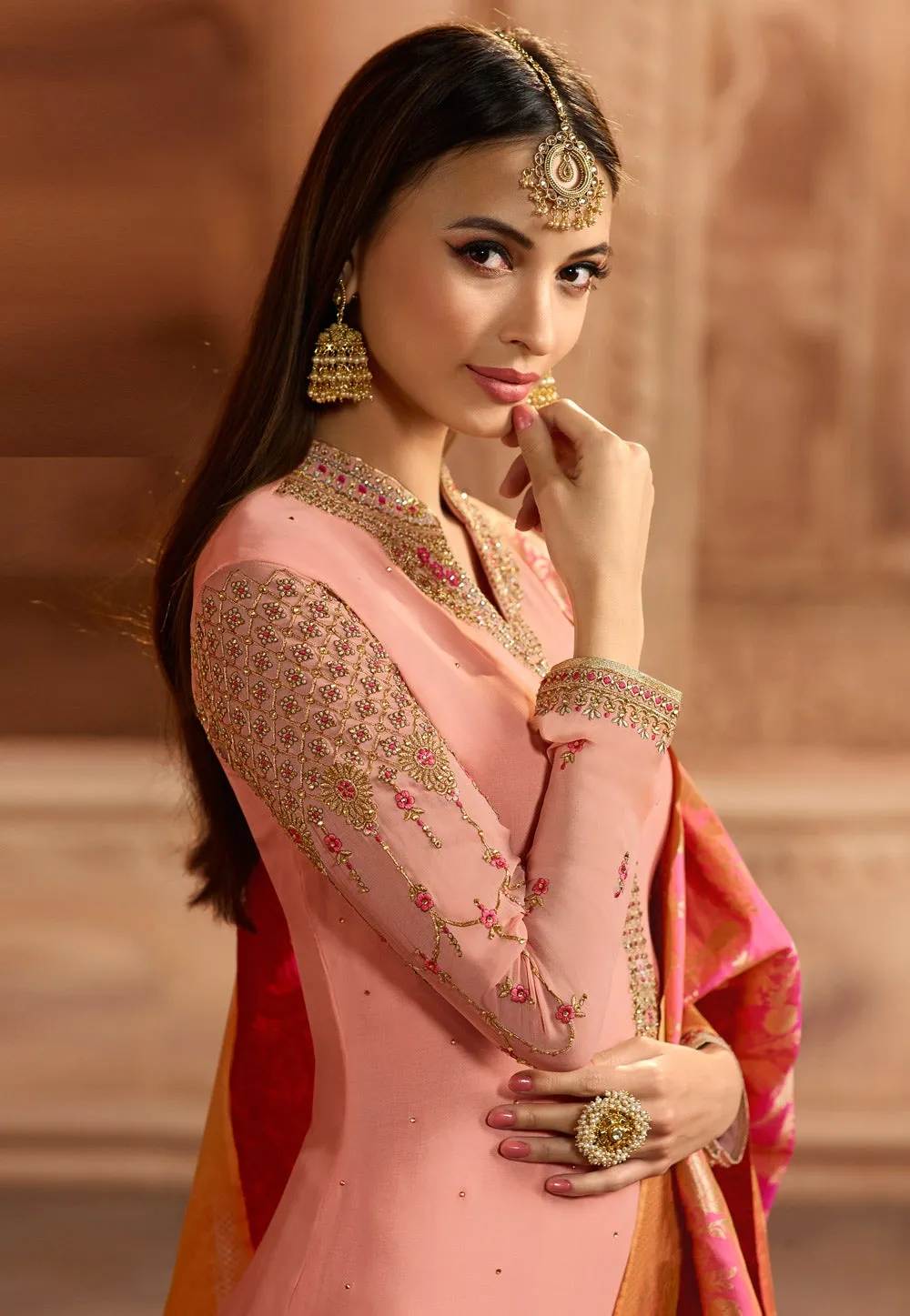 Pink Dual Tone Embroidered Satin Churidar Suit