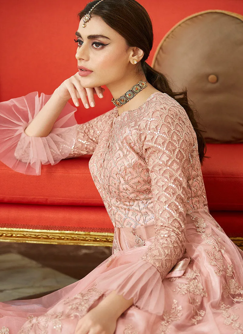 Pink Golden Embroidered Net Anarkali Lehenga Suit