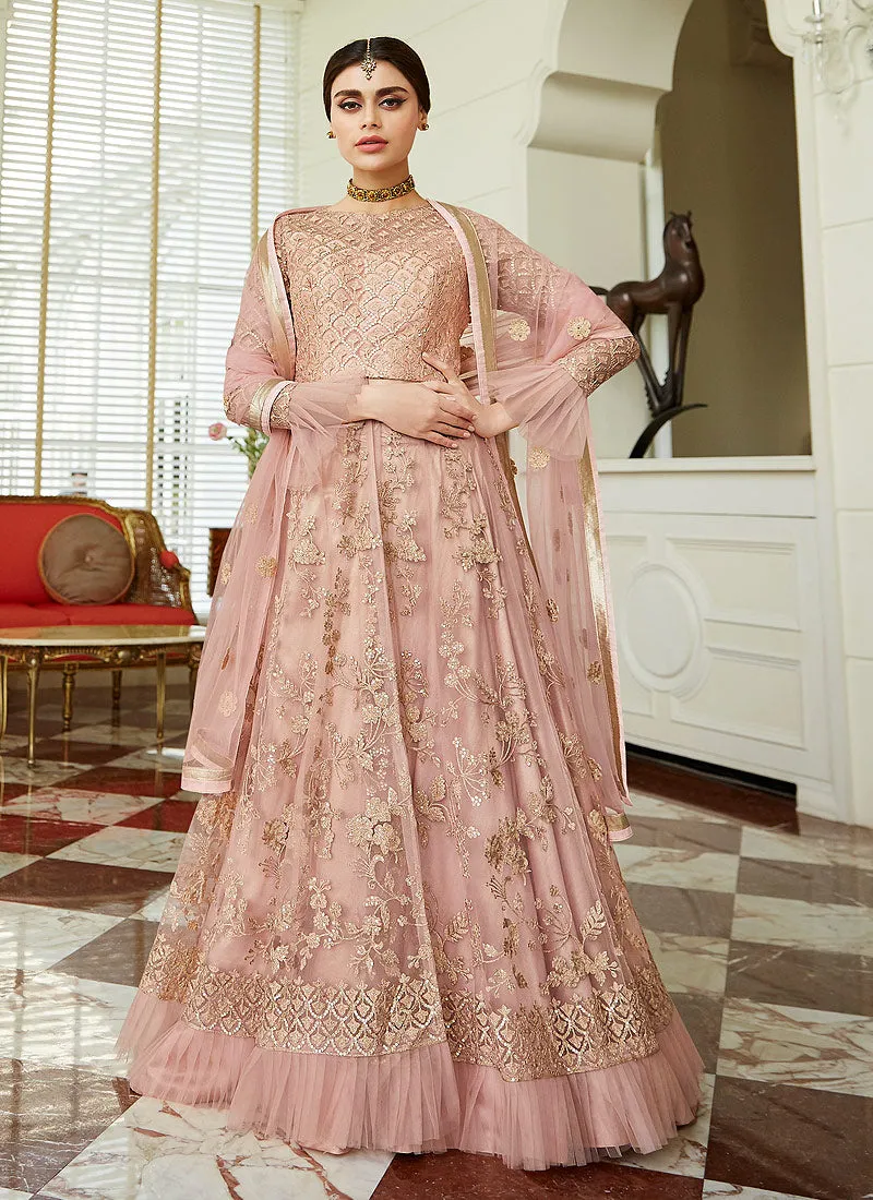 Pink Golden Embroidered Net Anarkali Lehenga Suit