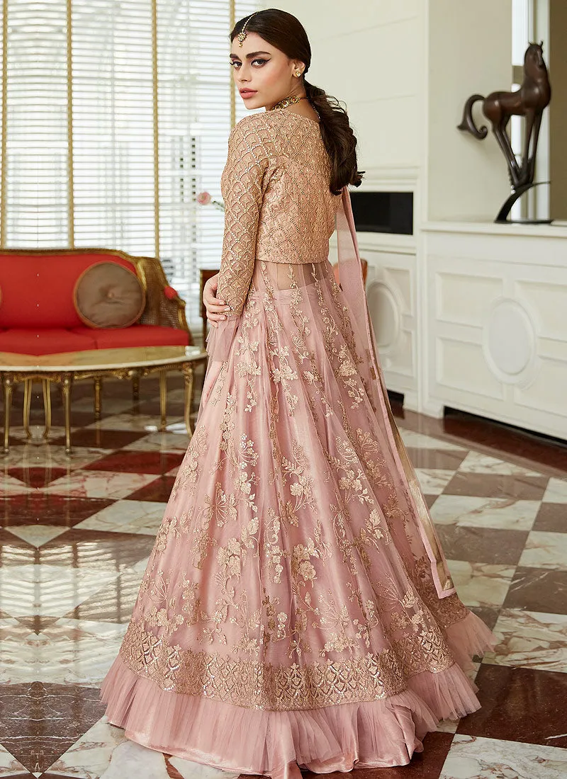 Pink Golden Embroidered Net Anarkali Lehenga Suit