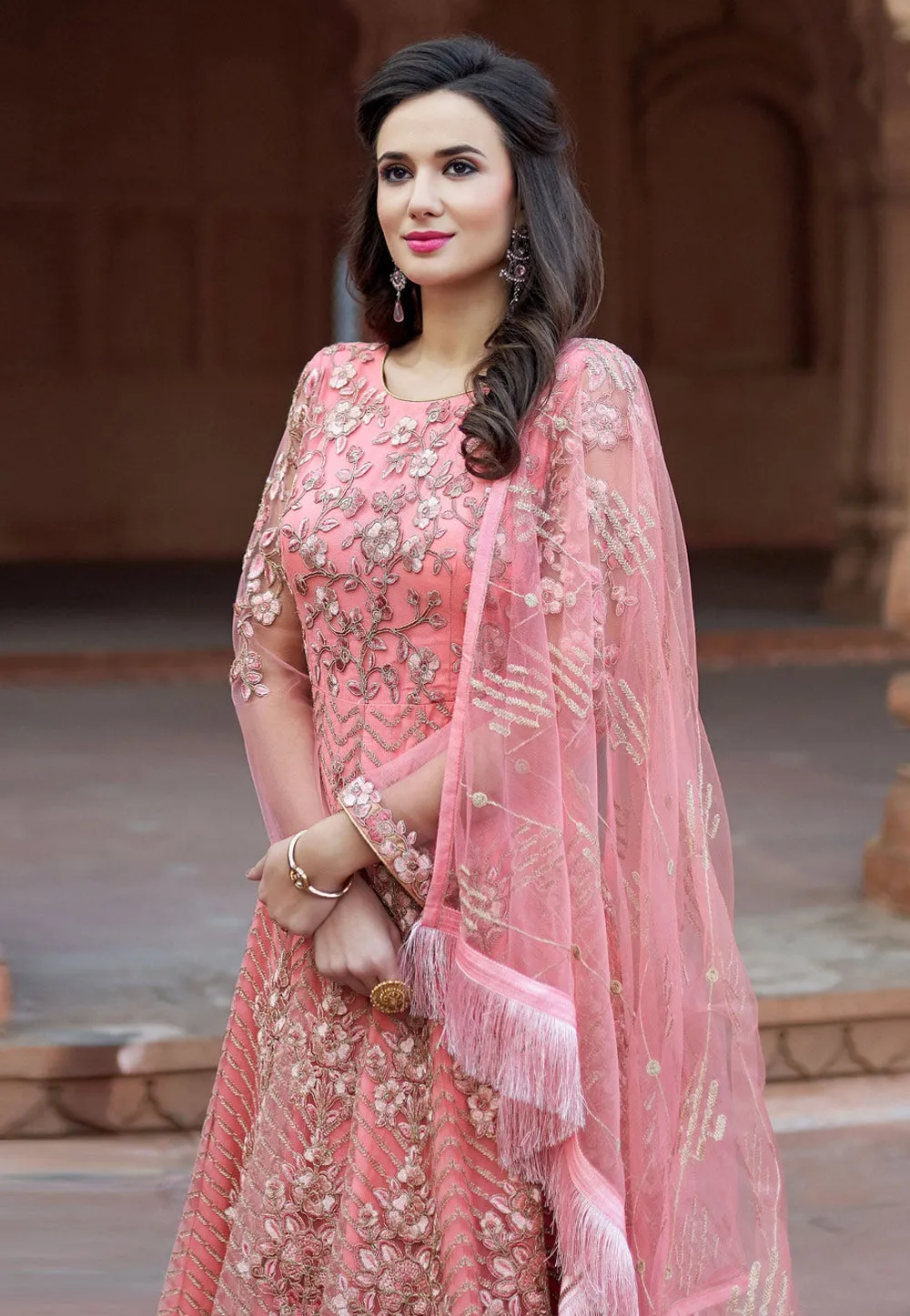 Pink Multi Embroidered Net Anarkali Suit