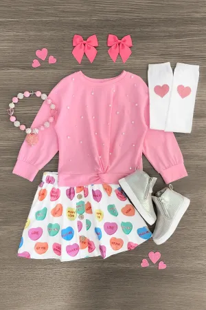 Pink Pearl Candy Hearts Skirt Set