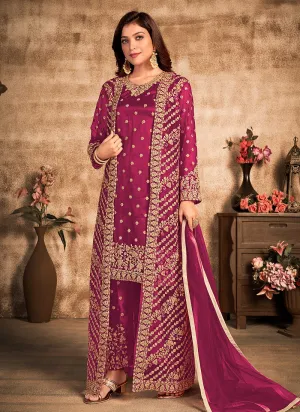 Pink Traditional Embroidered Jacket Style Pant Suit