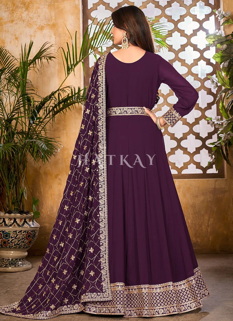 Purple and Gold Embroidered Gorgette Anarkali Suit