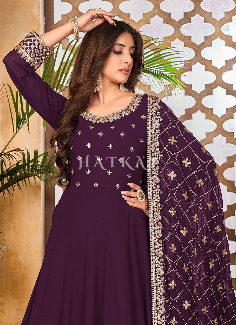 Purple and Gold Embroidered Gorgette Anarkali Suit