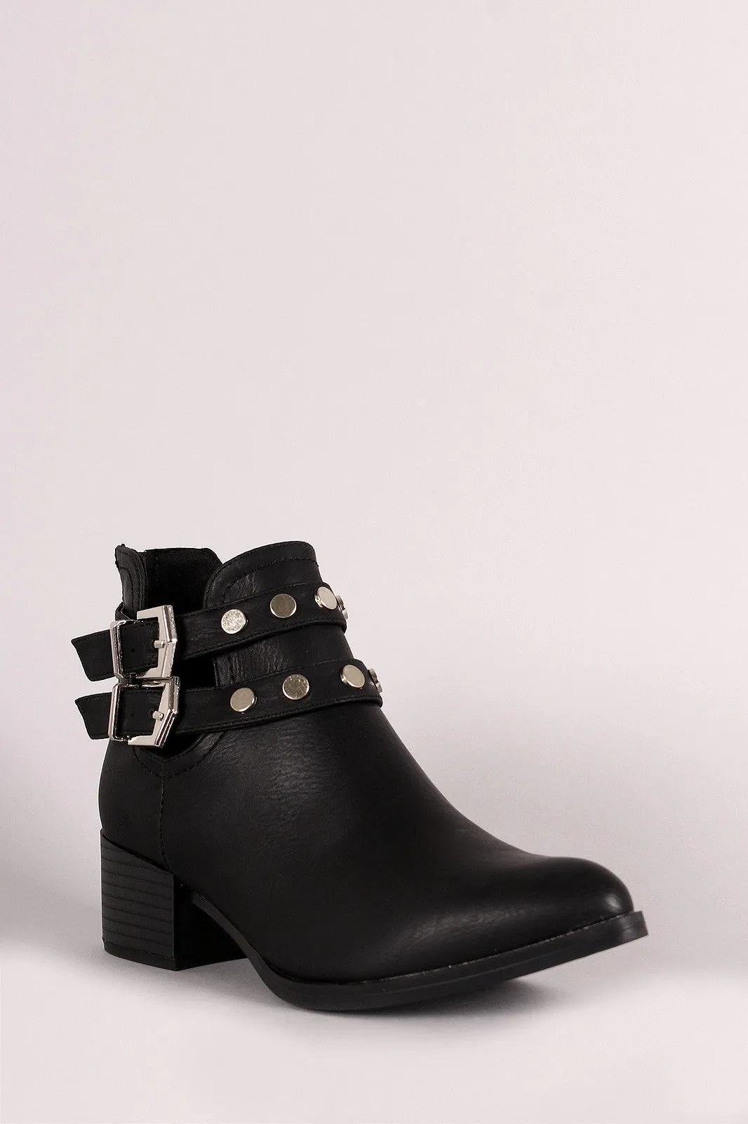 Qupid Almond Toe Studded Double Buckle Booties