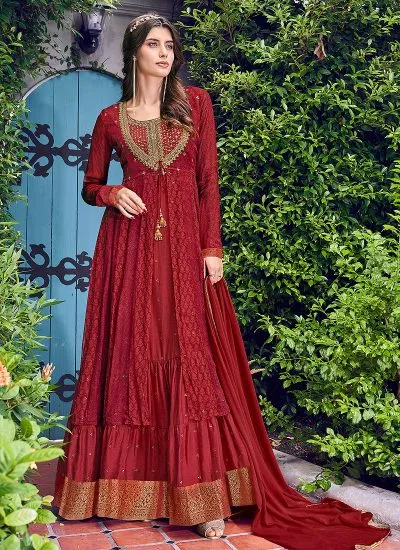 Red Golden Embroidered Jacket Style Anarkali Suit Set